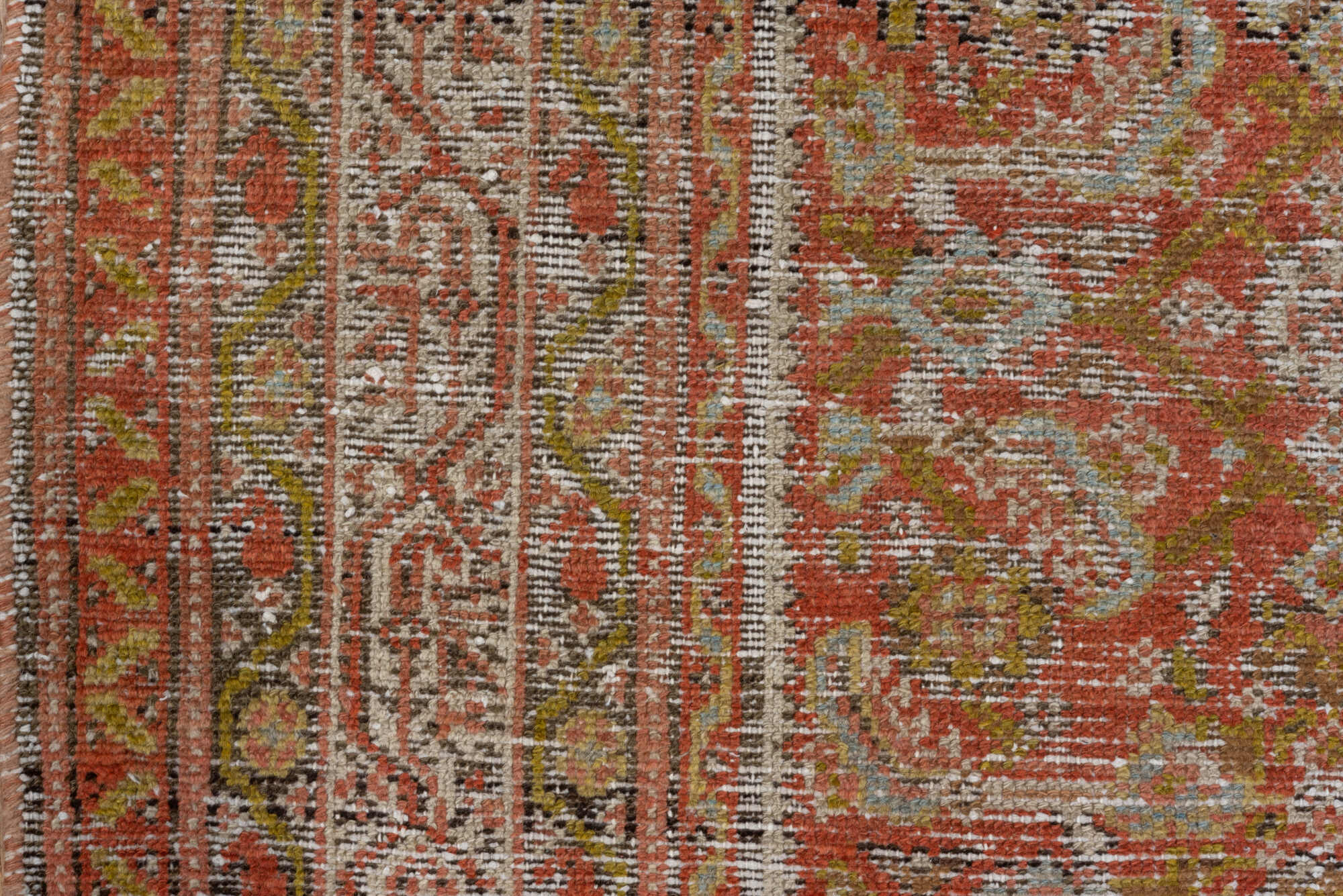 5' x 13' one-of-a-kind handmade vintage Malayer rug. Color palette: brown, gray, light gray, pink, off-white, redwood, white