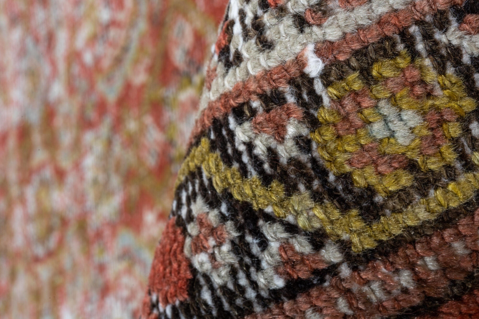 5' x 13' one-of-a-kind handmade vintage Malayer rug. Color palette: brown, gray, light gray, pink, off-white, redwood, white