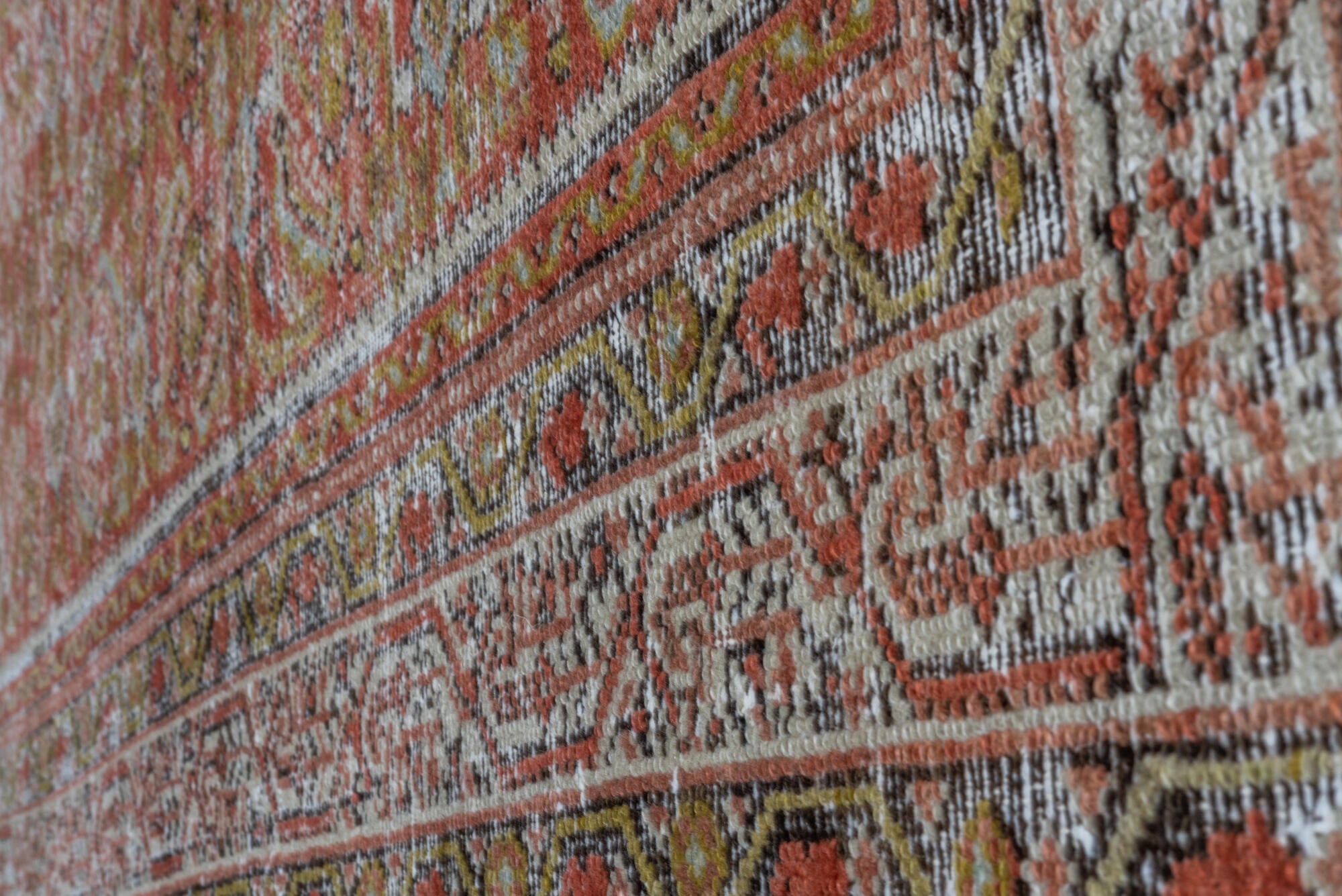 5' x 13' one-of-a-kind handmade vintage Malayer rug. Color palette: brown, gray, light gray, pink, off-white, redwood, white