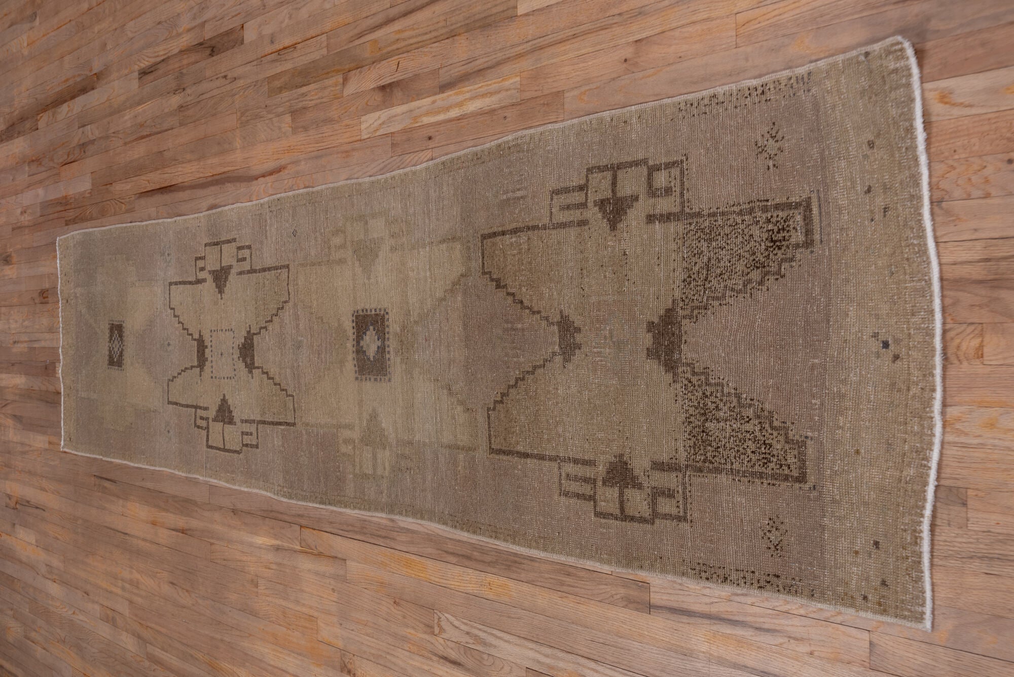 2' x 11' one-of-a-kind handmade vintage Oushak runner rug. Color palette: brown, gray, light gray, off-white, pink, snow