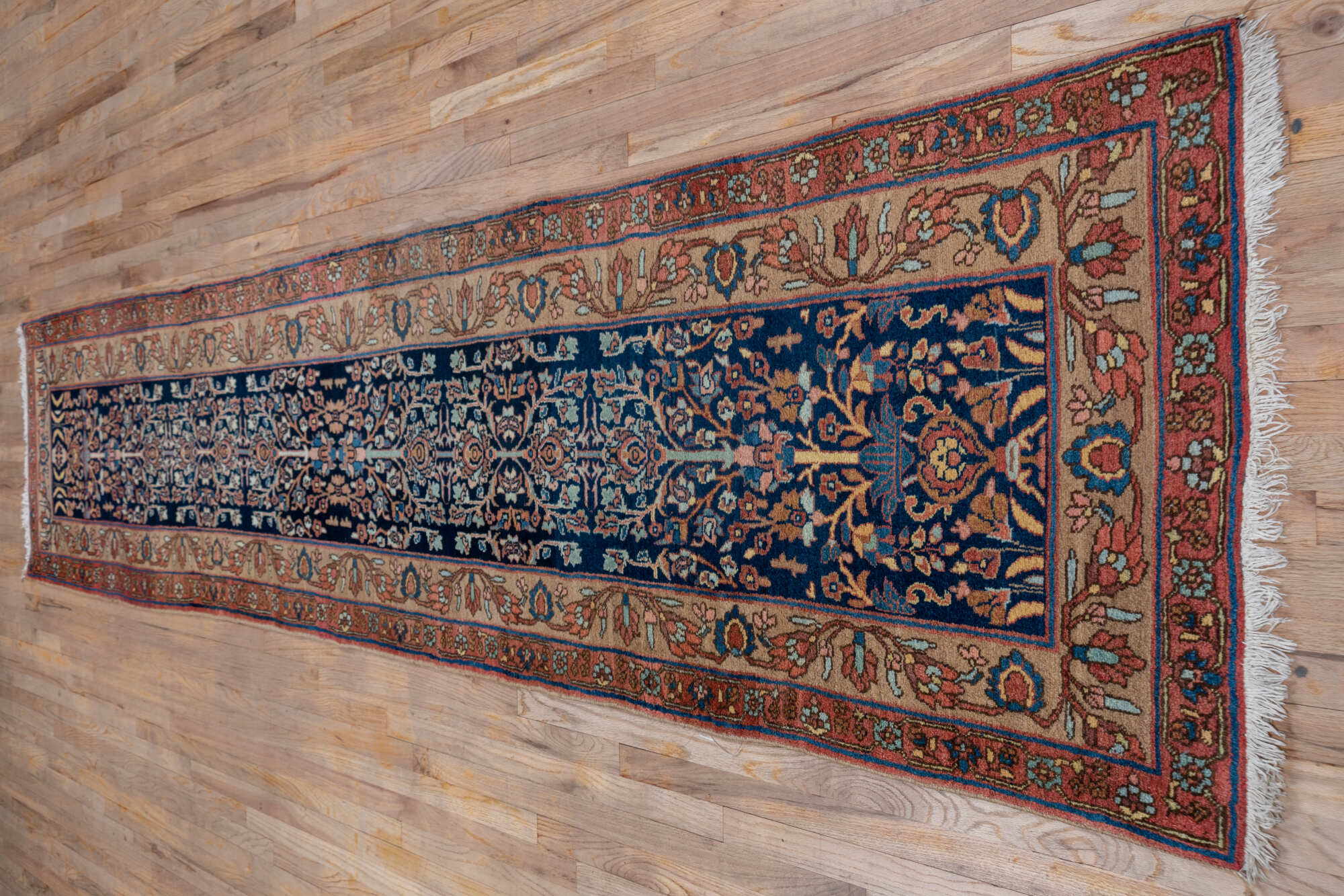 3' x 14' one-of-a-kind handmade vintage Bidjar runner rug. Color palette: blue, brown, gray, pink, redwood