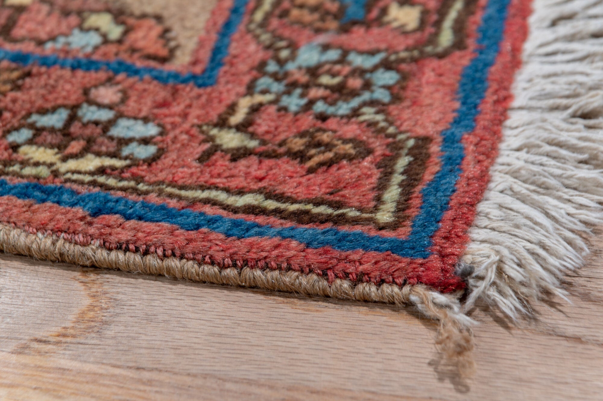 3' x 14' one-of-a-kind handmade vintage Bidjar runner rug. Color palette: blue, brown, gray, pink, redwood