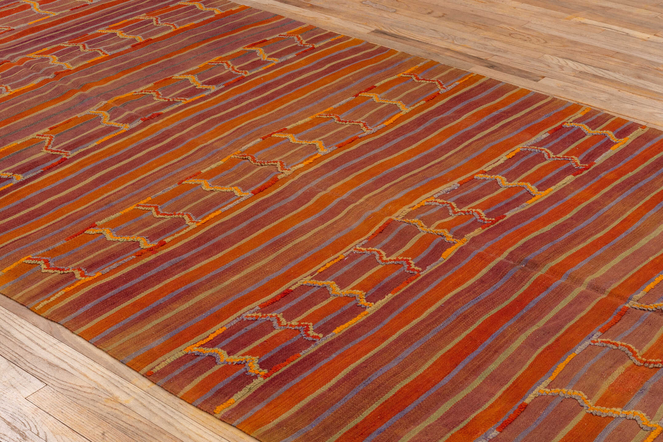 5' x 18' one-of-a-kind handmade vintage Kilim rug. Color palette: brown, red, gray, pink