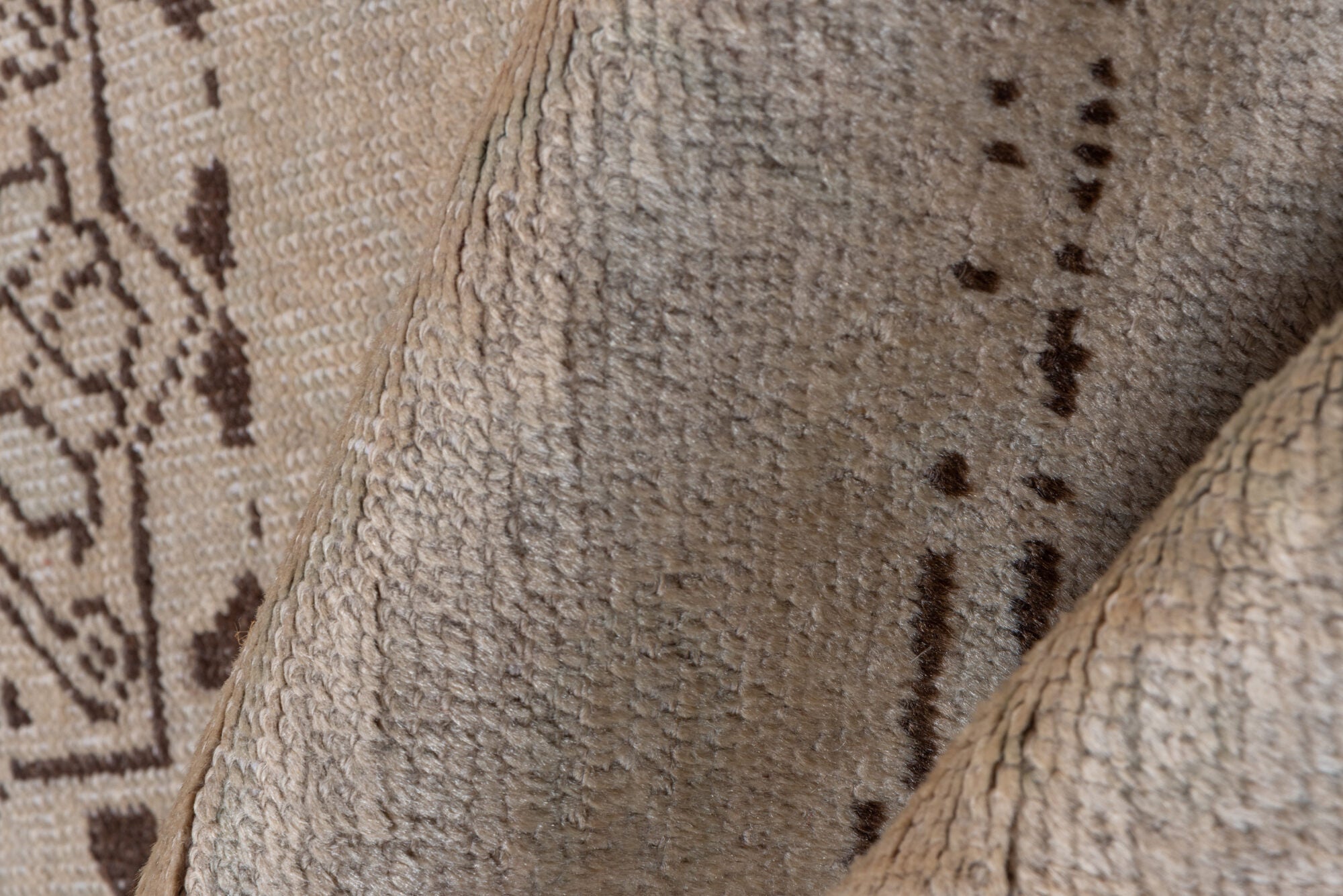 2' x 10' one-of-a-kind handmade vintage Oushak runner rug. Color palette: brown, gray, light gray, off-white, pink, snow