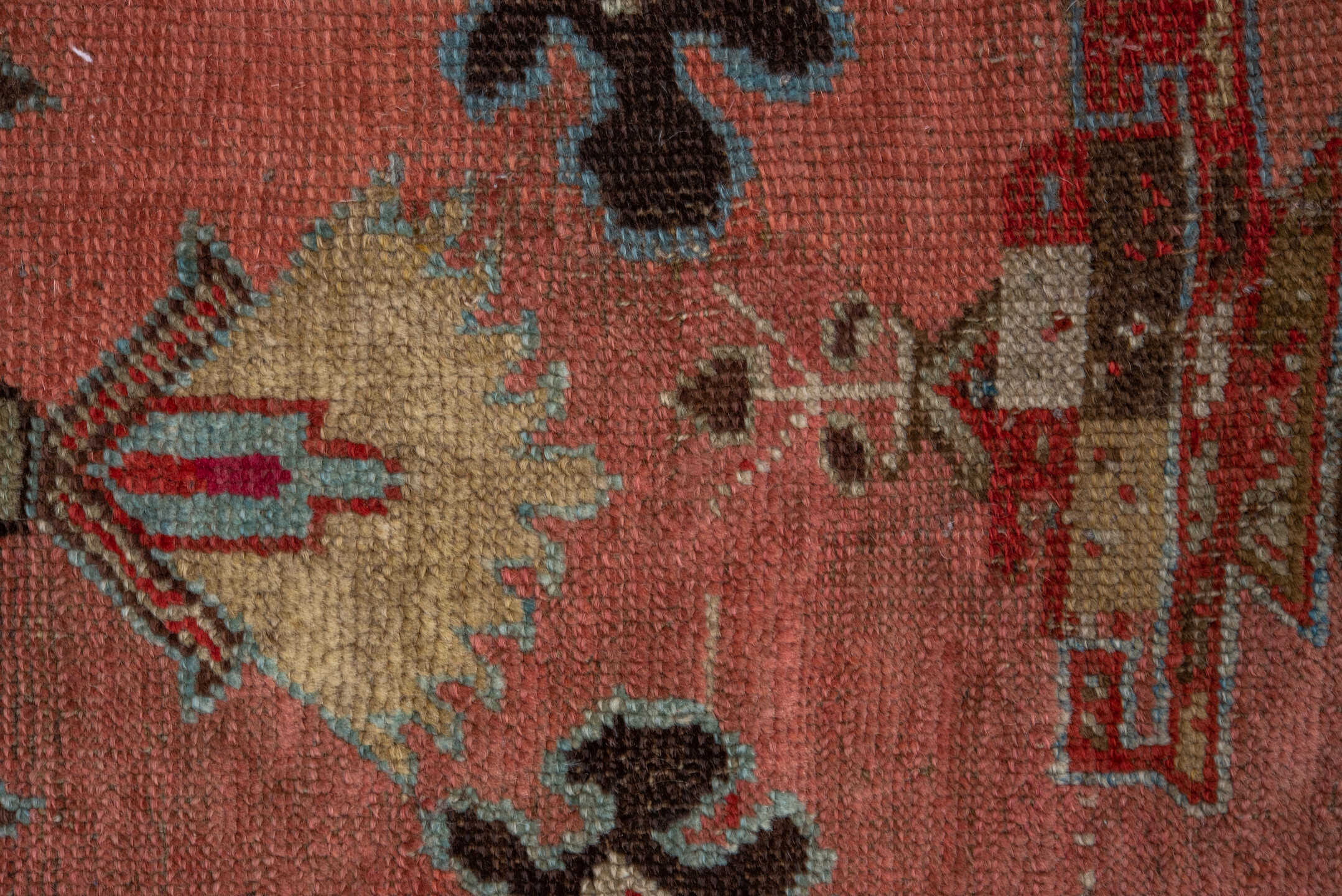 4' x 5' one-of-a-kind handmade vintage Ghordes small size rug. Color palette: brown, pink, gray, off-white, white, snow