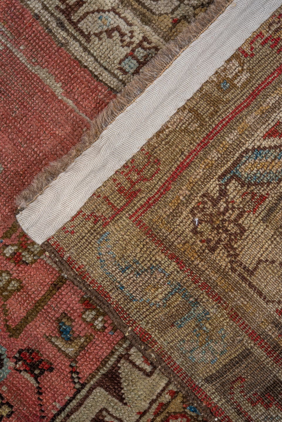 4' x 5' one-of-a-kind handmade vintage Ghordes small size rug. Color palette: brown, pink, gray, off-white, white, snow