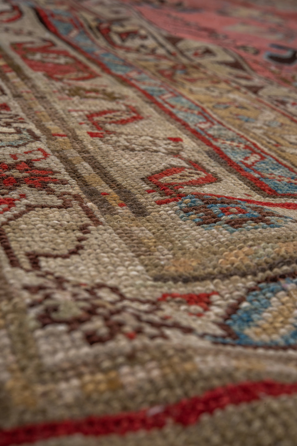 4' x 5' one-of-a-kind handmade vintage Ghordes small size rug. Color palette: brown, pink, gray, off-white, white, snow