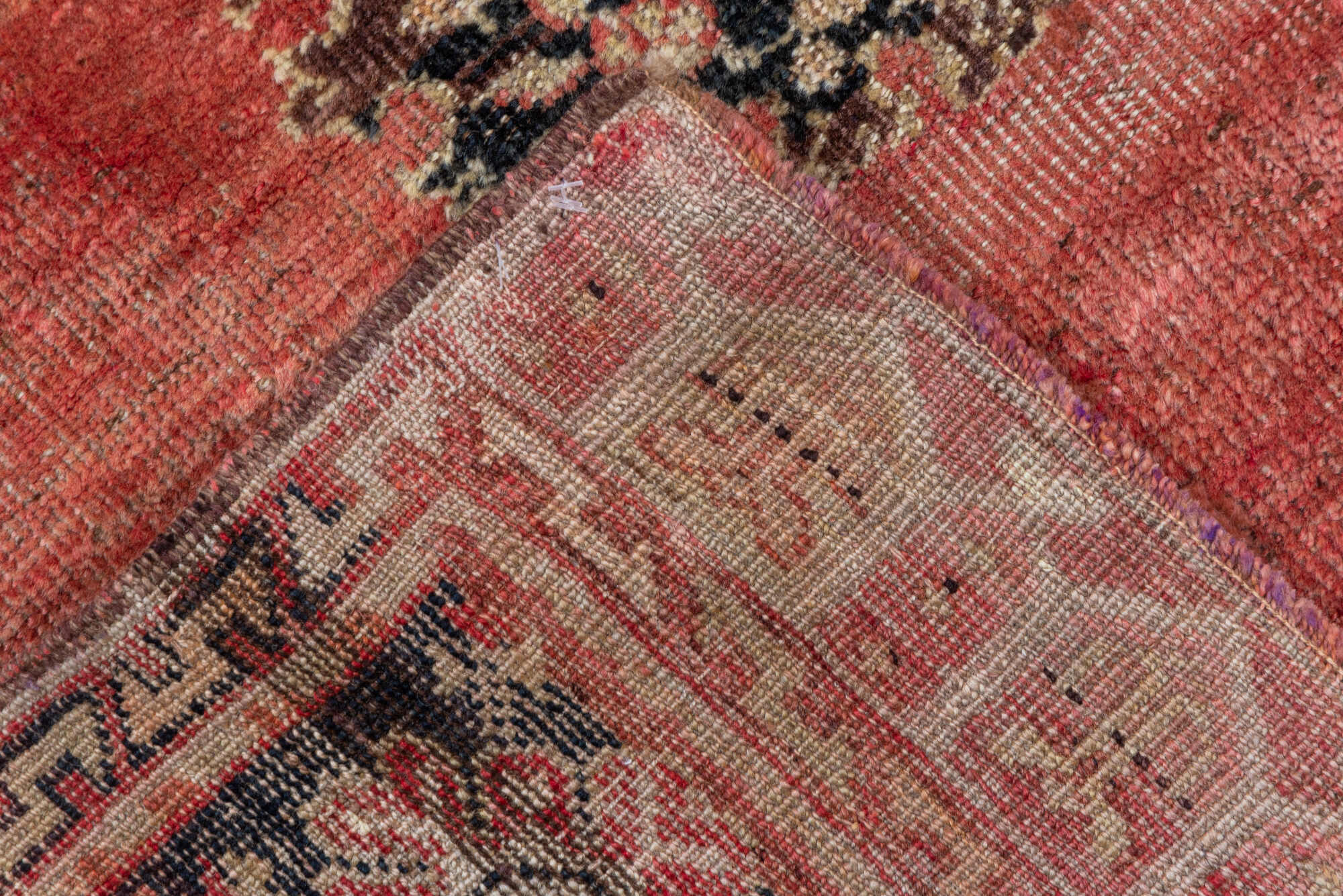 3' x 11' one-of-a-kind handmade vintage Oushak runner rug. Color palette: brown, orange, pink, red, redwood