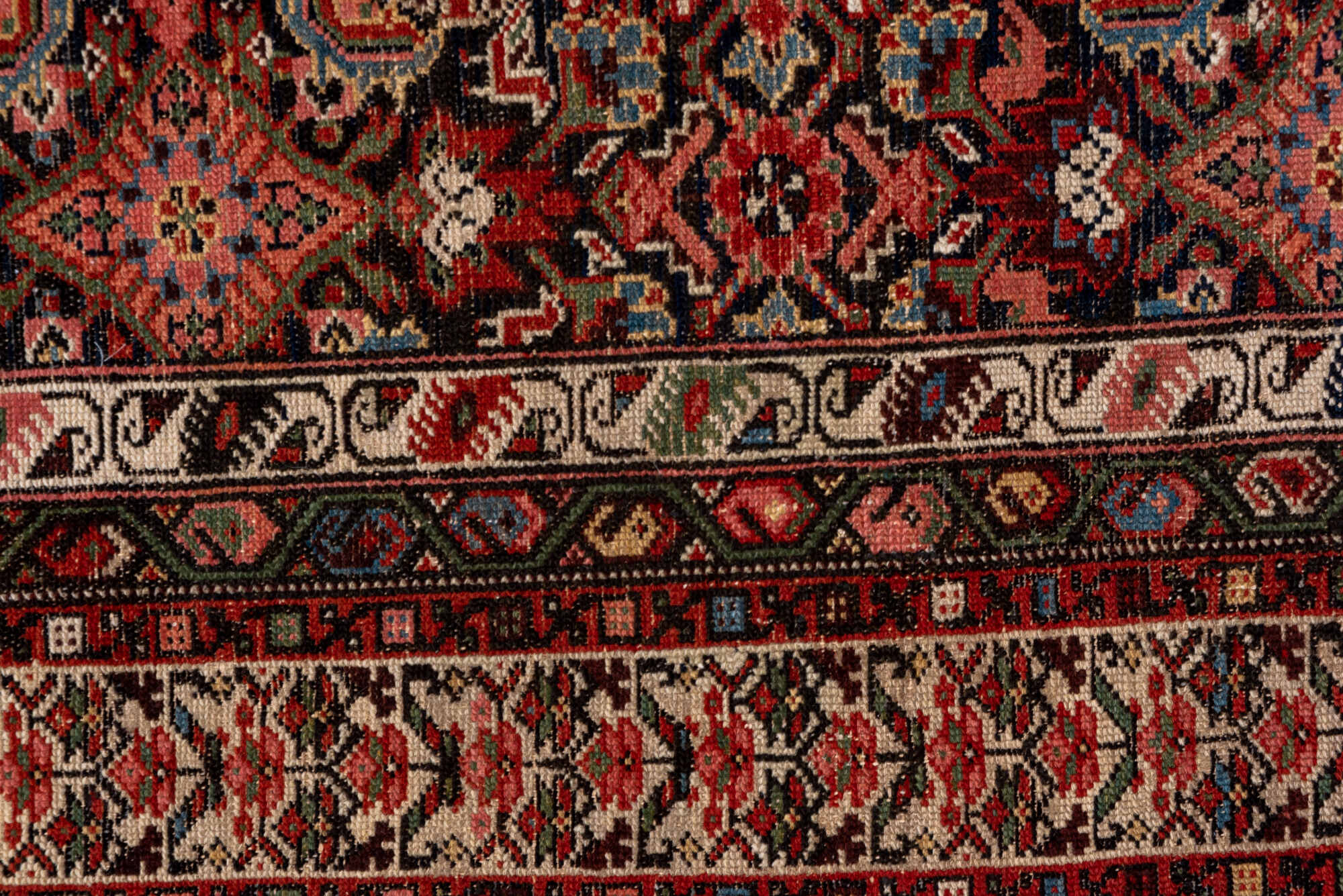 7' x 16' one-of-a-kind handmade vintage Malayer rug. Color palette: brown, gray, pink, red