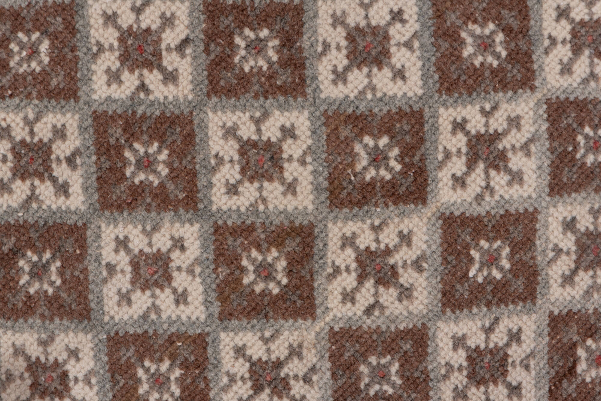 3' x 9' one-of-a-kind handmade vintage Oushak runner rug. Color palette: brown, gray, light gray, off-white, pink