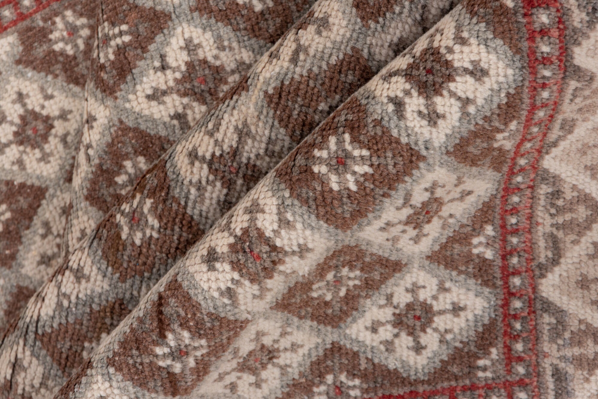 3' x 9' one-of-a-kind handmade vintage Oushak runner rug. Color palette: brown, gray, light gray, off-white, pink