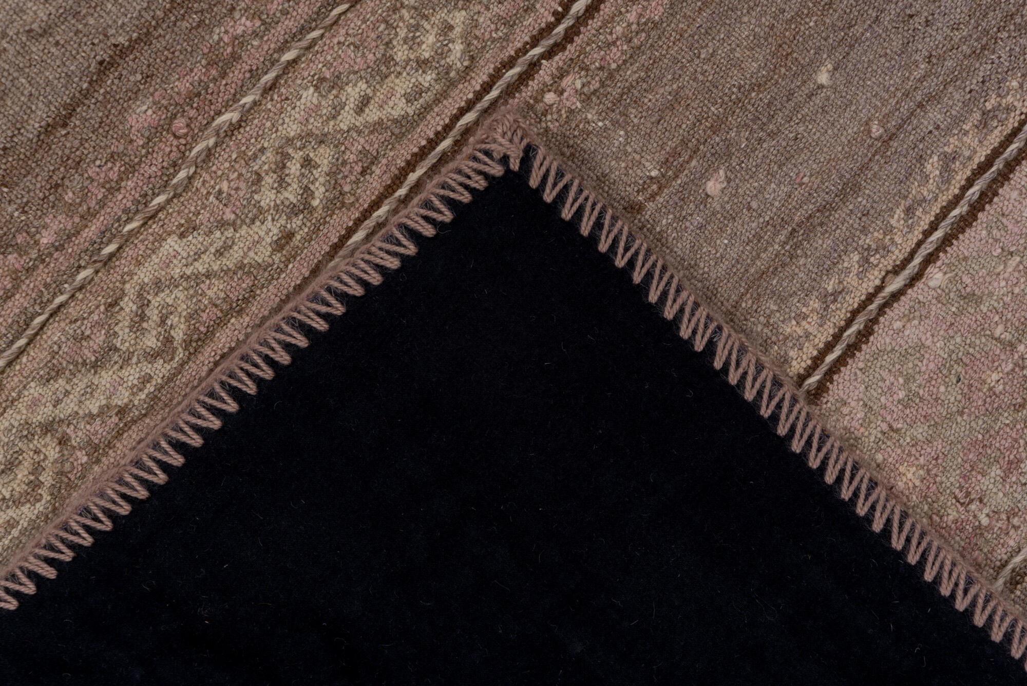 2' x 10' one-of-a-kind handmade vintage Kilim runner rug. Color palette: brown, gray, off-white, pink, snow, white