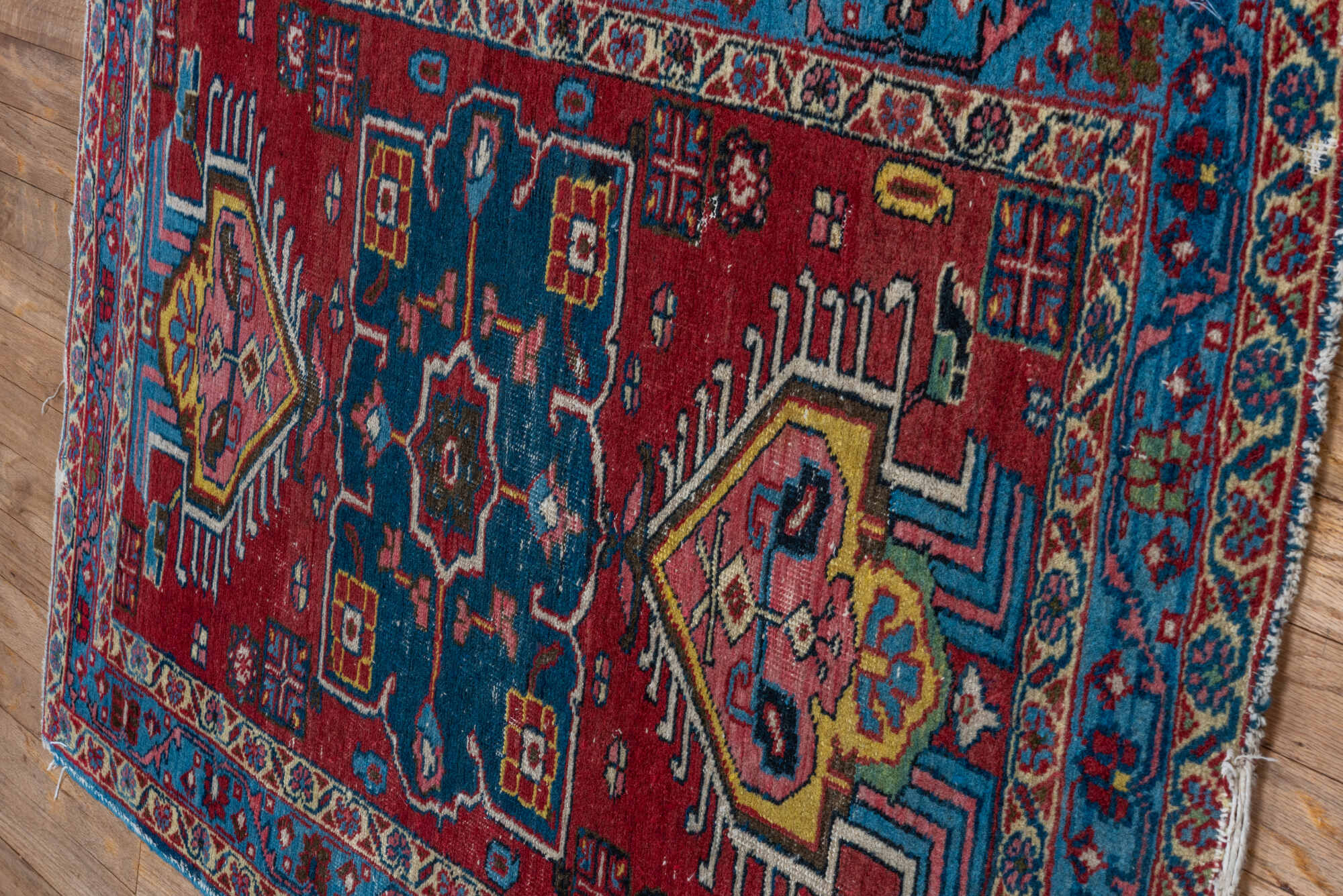 2' x 3' one-of-a-kind handmade vintage Heriz small size rug. Color palette: gray, red, brown, blue, black, pink