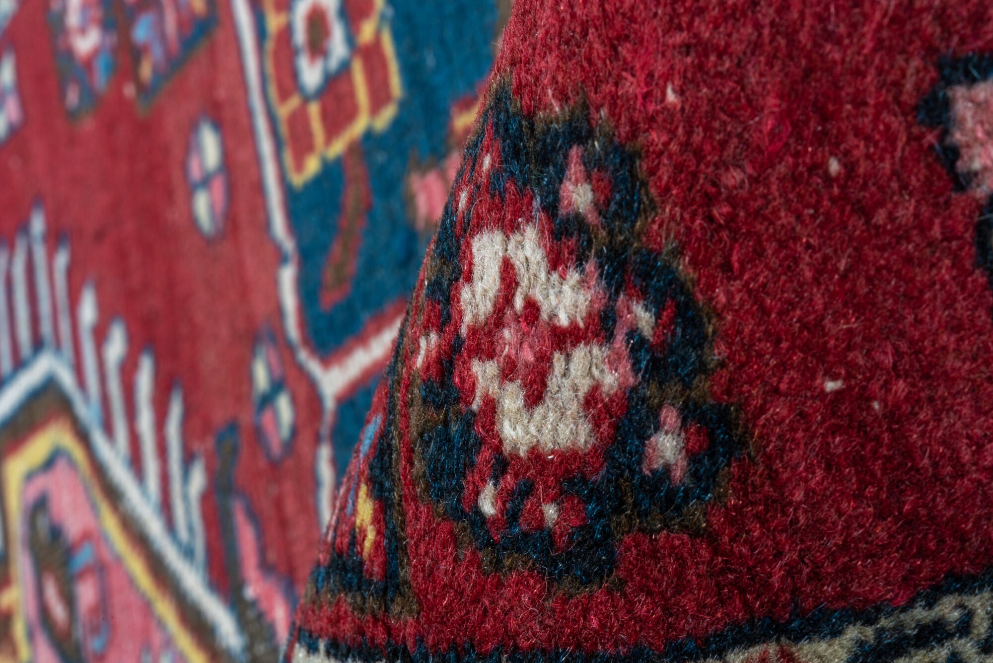 2' x 3' one-of-a-kind handmade vintage Heriz small size rug. Color palette: gray, red, brown, blue, black, pink