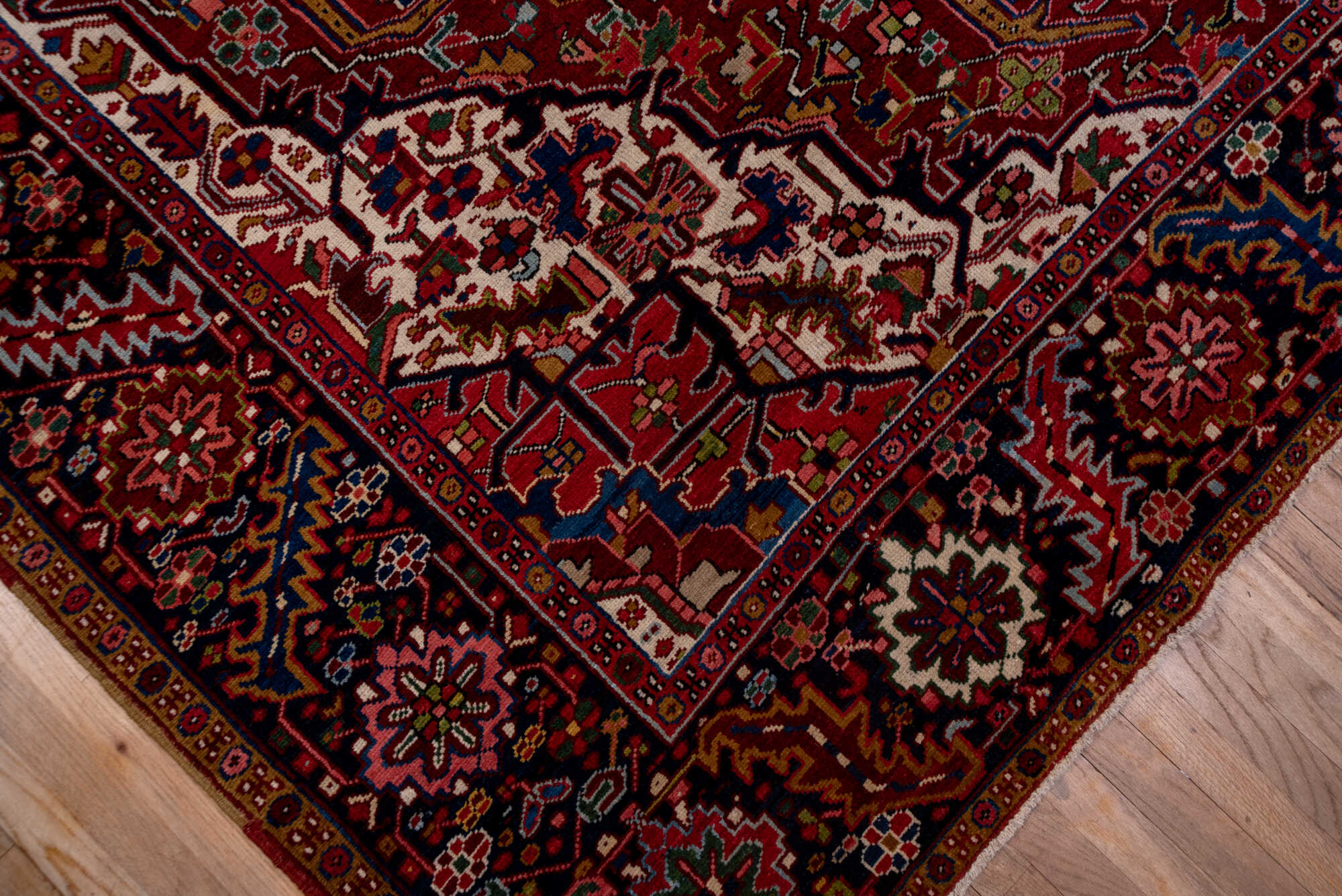 8' x 12' one-of-a-kind handmade vintage Heriz large size rug. Color palette: brown, red, gray, pink, blue, dim gray, redwood