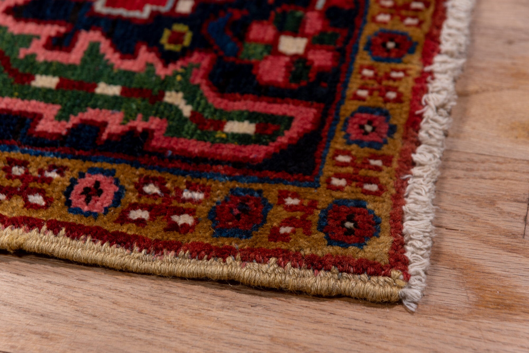 8' x 12' one-of-a-kind handmade vintage Heriz large size rug. Color palette: brown, red, gray, pink, blue, dim gray, redwood