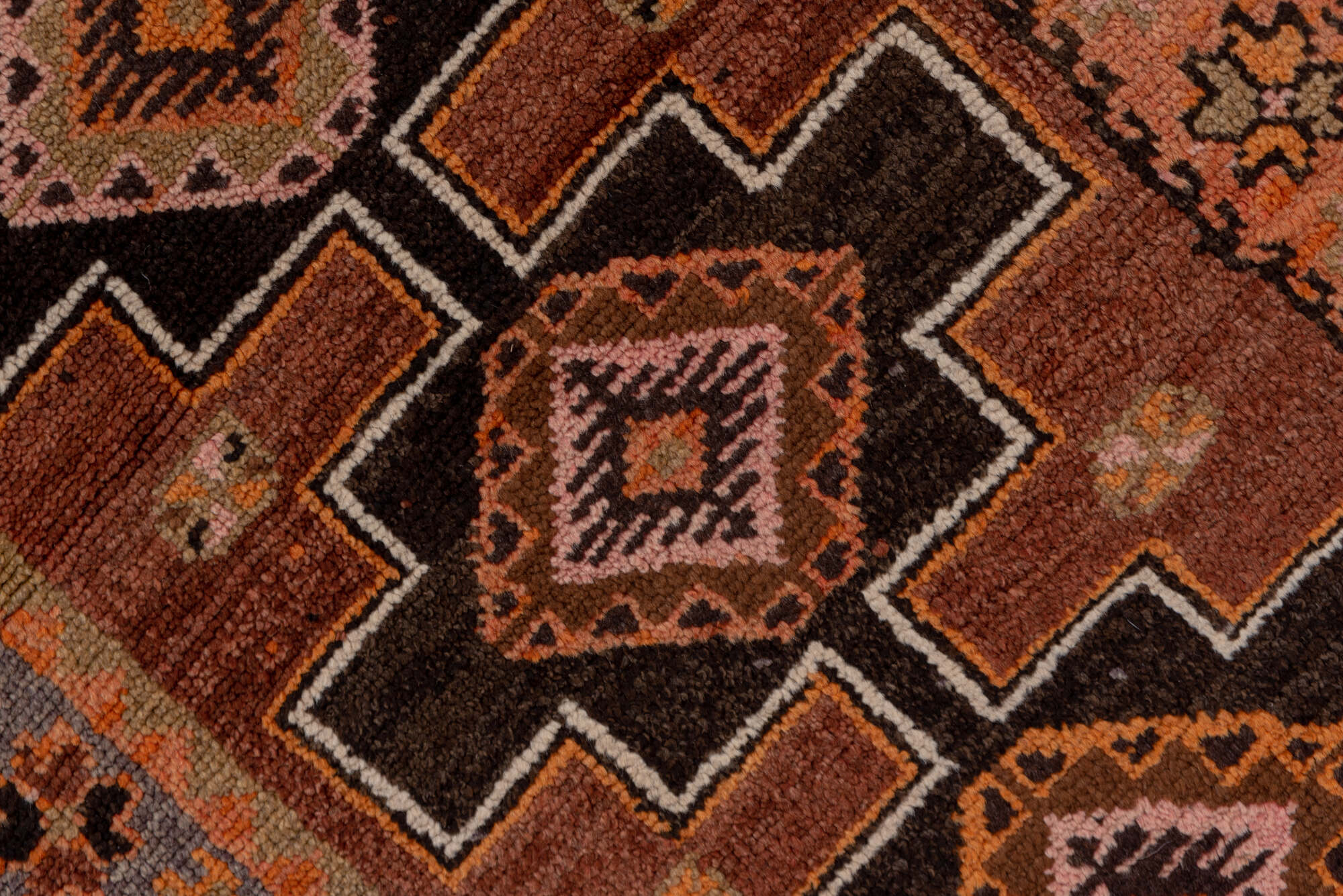 2' x 13' one-of-a-kind handmade vintage Kars runner rug. Color palette: brown, off-white, pink, snow, white, whitesmoke