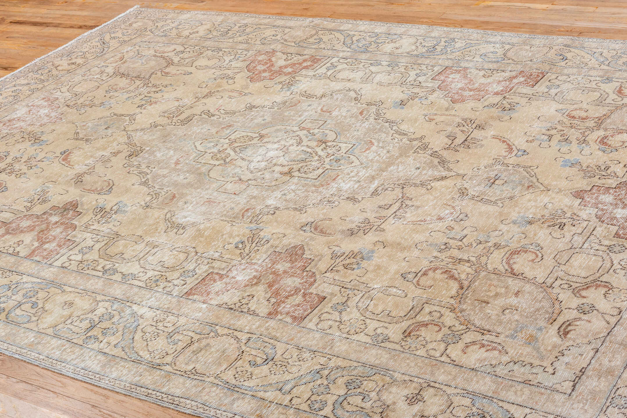 8' x 11' one-of-a-kind handmade vintage Tabriz large size rug. Color palette: gray, off-white, brown, pink, light gray
