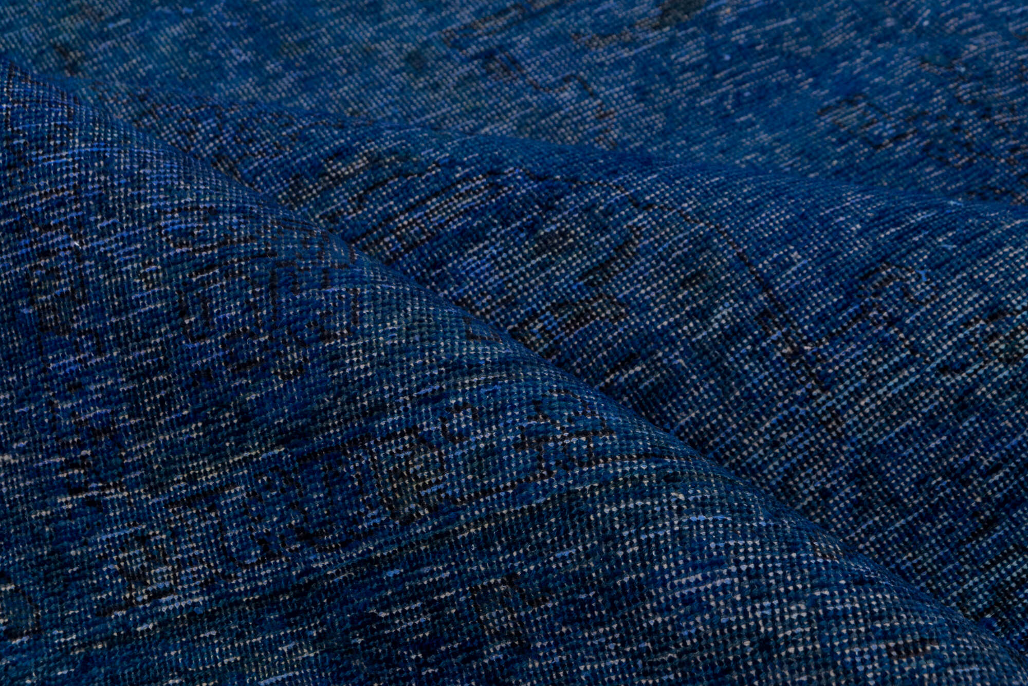 8' x 11' one-of-a-kind handmade vintage Overdyed large size rug. Color palette: blue, dim gray, fiord, gray, off-white, snow