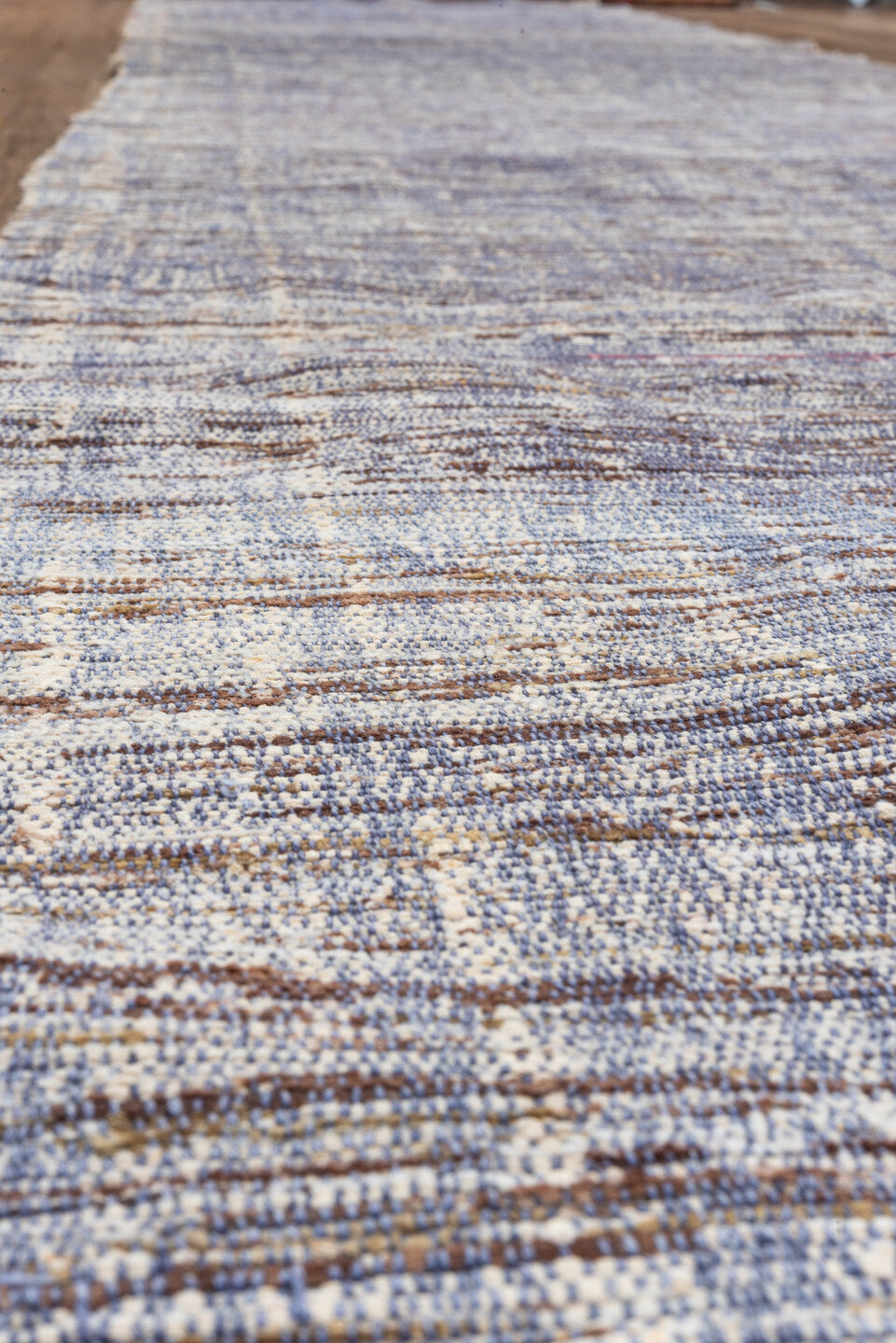 3' x 19' one-of-a-kind handmade vintage Kilim runner rug. Color palette: gray, light gray, blue, light blue, off-white