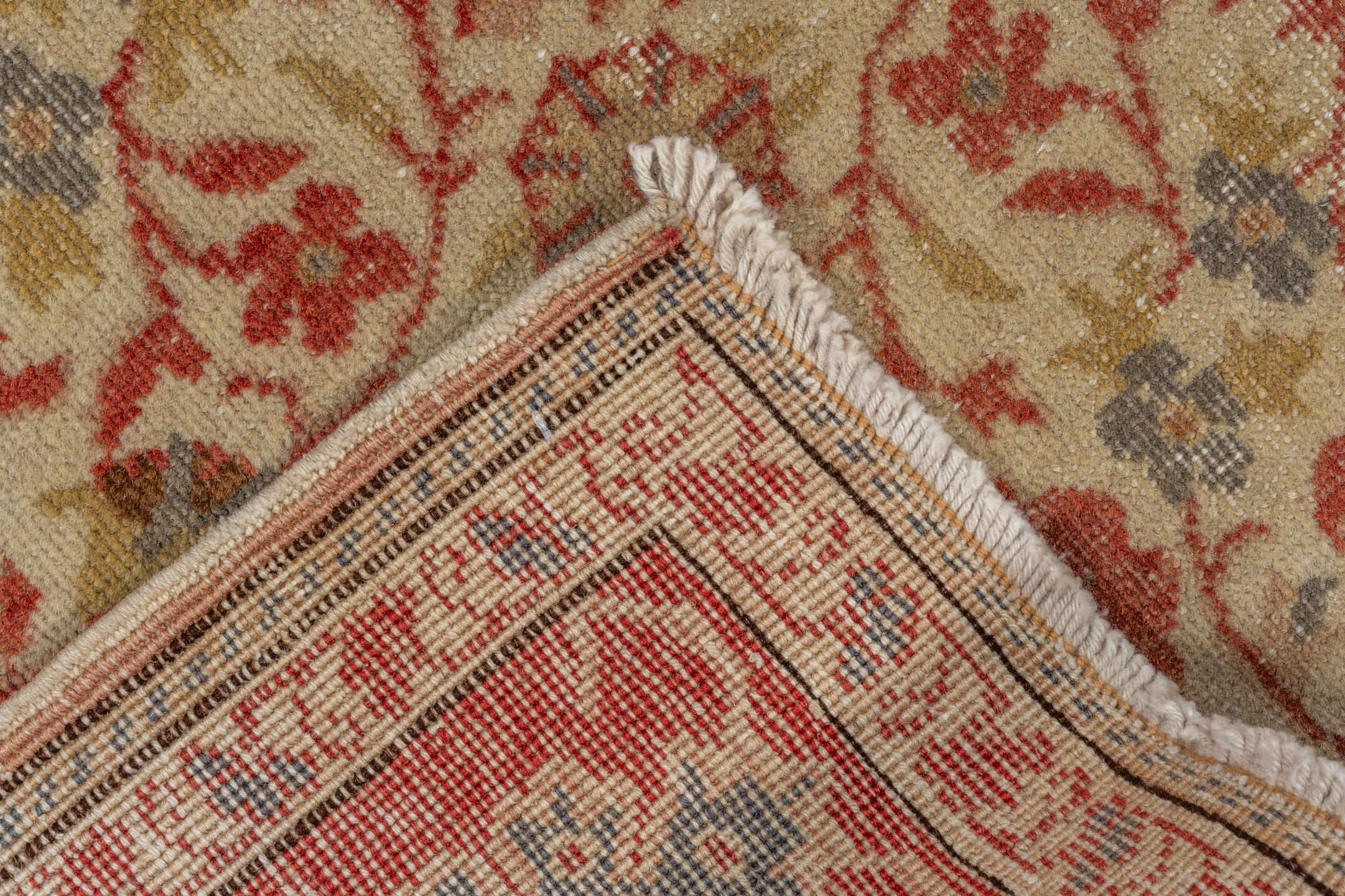 4' x 6' one-of-a-kind handmade vintage Kaisary small size rug. Color palette: brown, gray, red, light gray, off-white