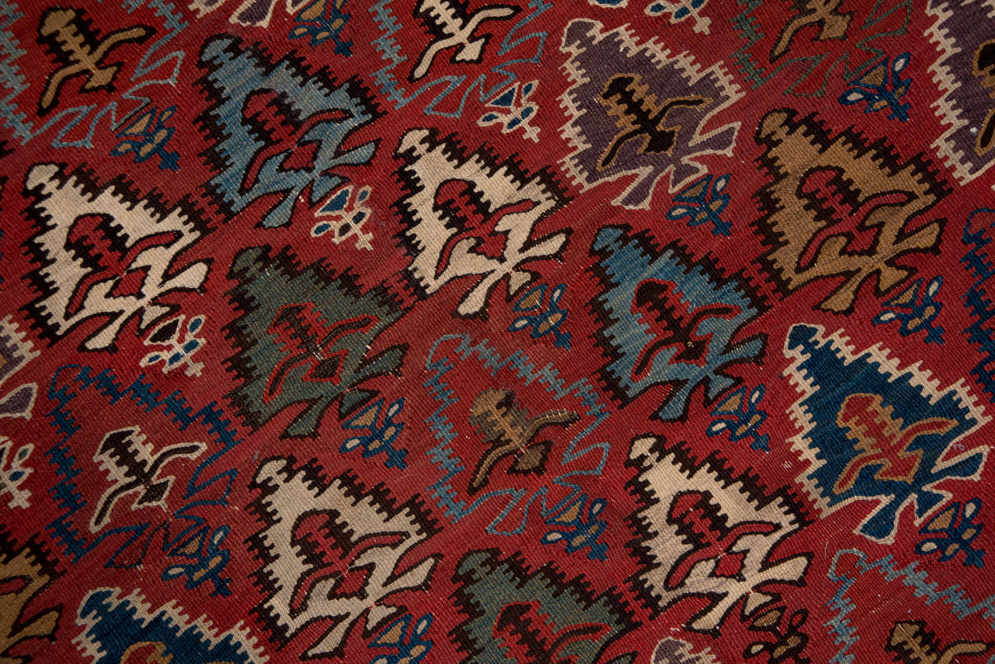 5' x 13' one-of-a-kind handmade vintage Kilim rug. Color palette: gray, red, brown, pink, blue