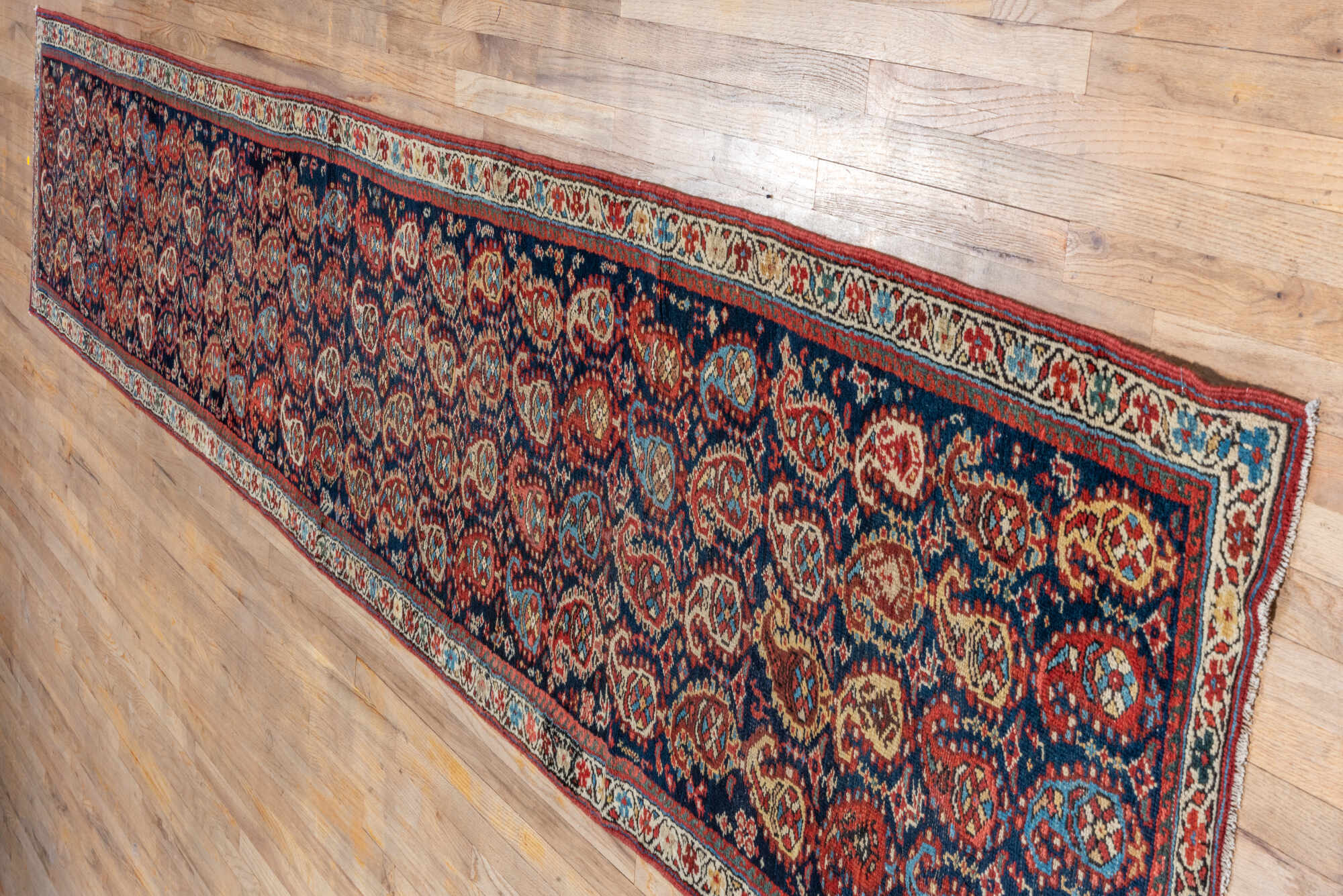 2' x 16' one-of-a-kind handmade vintage Malayer runner rug. Color palette: black, blue, brown, dim gray, gray, off-white