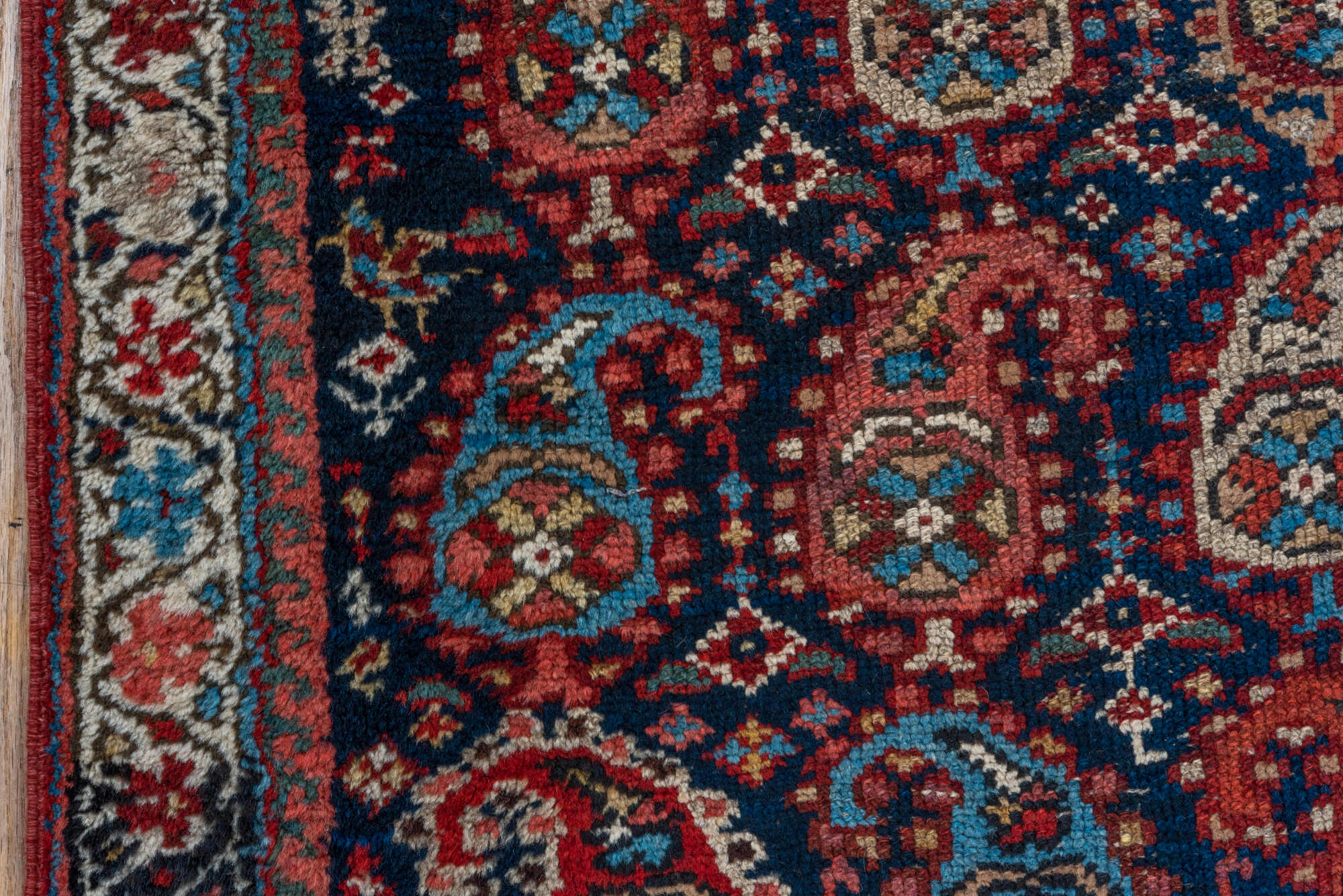 2' x 16' one-of-a-kind handmade vintage Malayer runner rug. Color palette: black, blue, brown, dim gray, gray, off-white