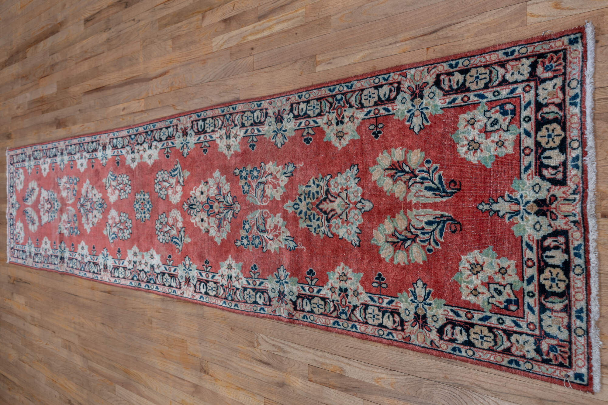 2' x 13' one-of-a-kind handmade vintage Mahal runner rug. Color palette: blue, brown, dim gray, gray, pink, red