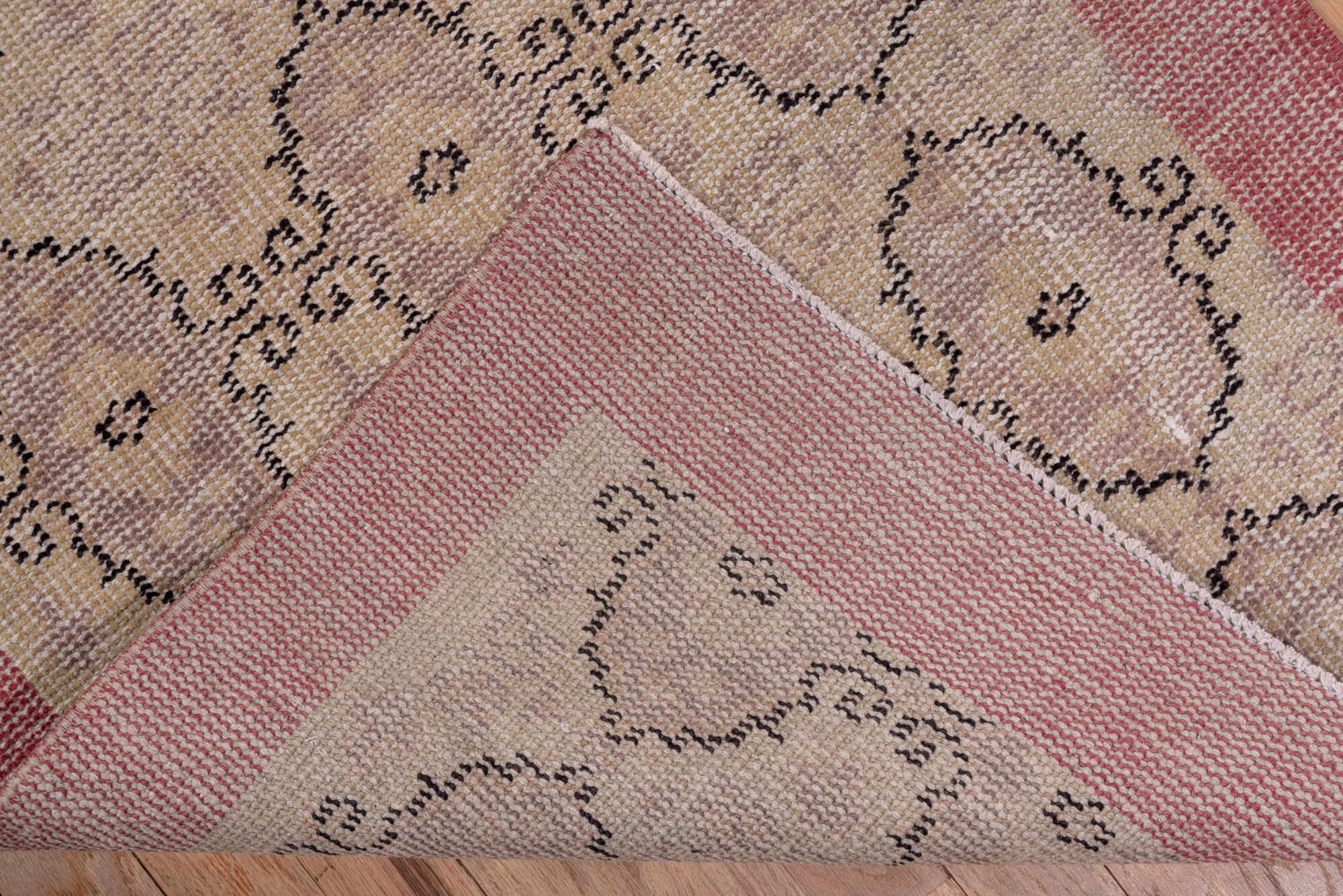 2' x 10' one-of-a-kind handmade vintage Oushak runner rug. Color palette: brown, gray, light gray, off-white, pink, red