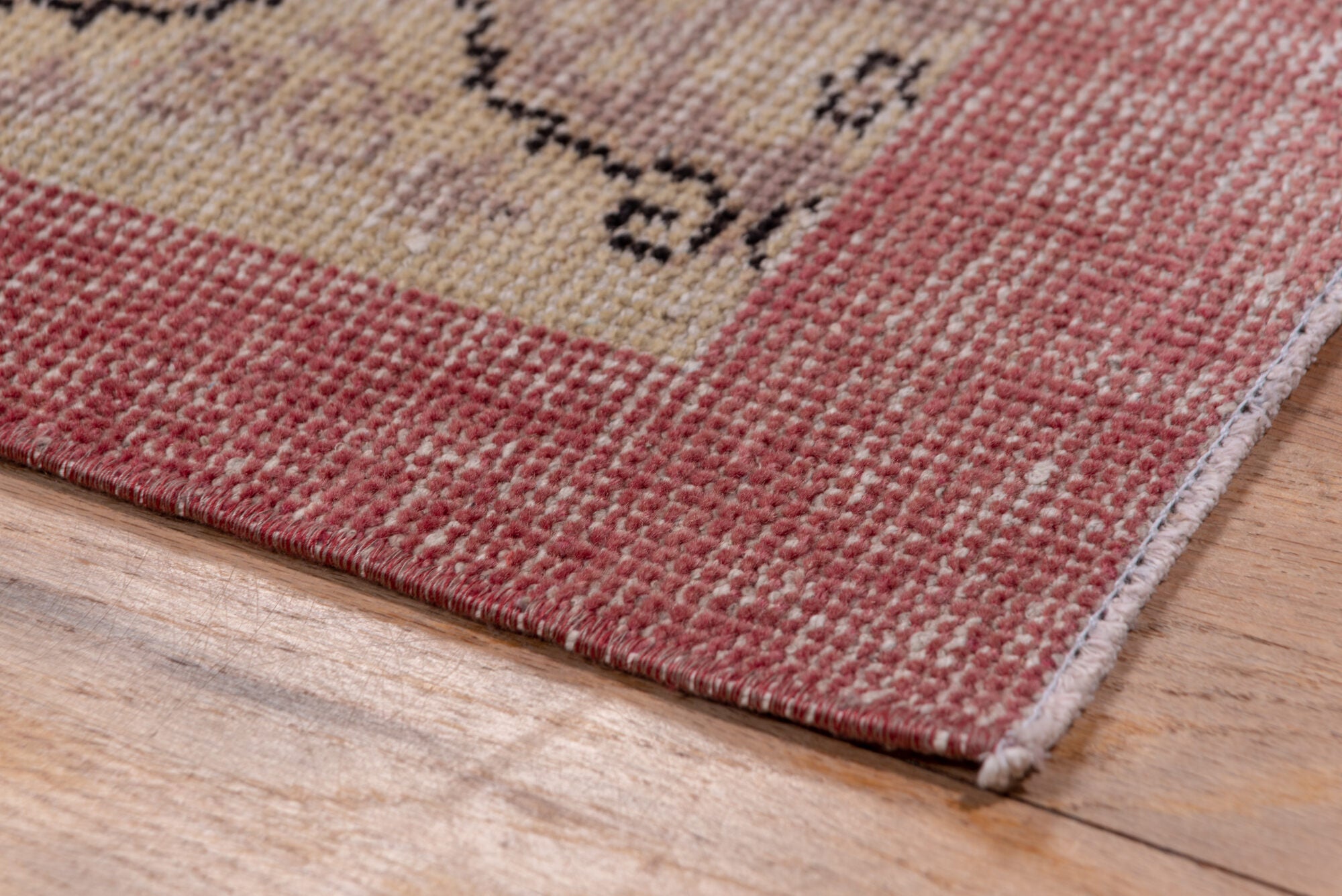 2' x 10' one-of-a-kind handmade vintage Oushak runner rug. Color palette: brown, gray, light gray, off-white, pink, red