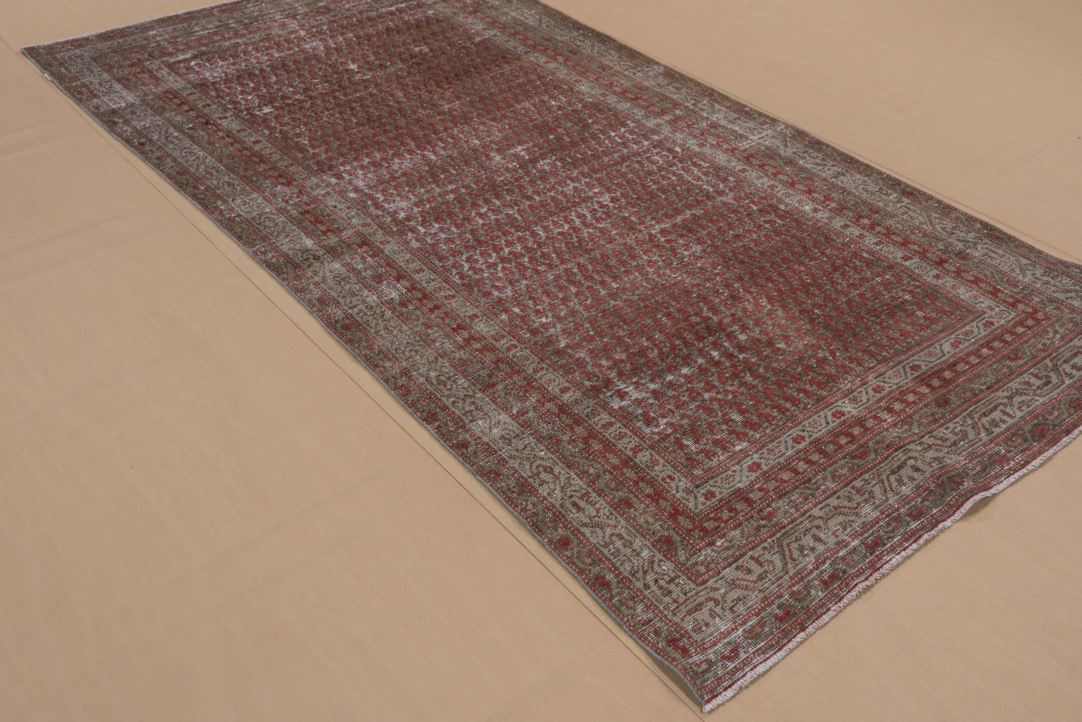 4' x 9' one-of-a-kind handmade vintage Malayer runner rug. Color palette: pink, gray, light gray, brown, off-white