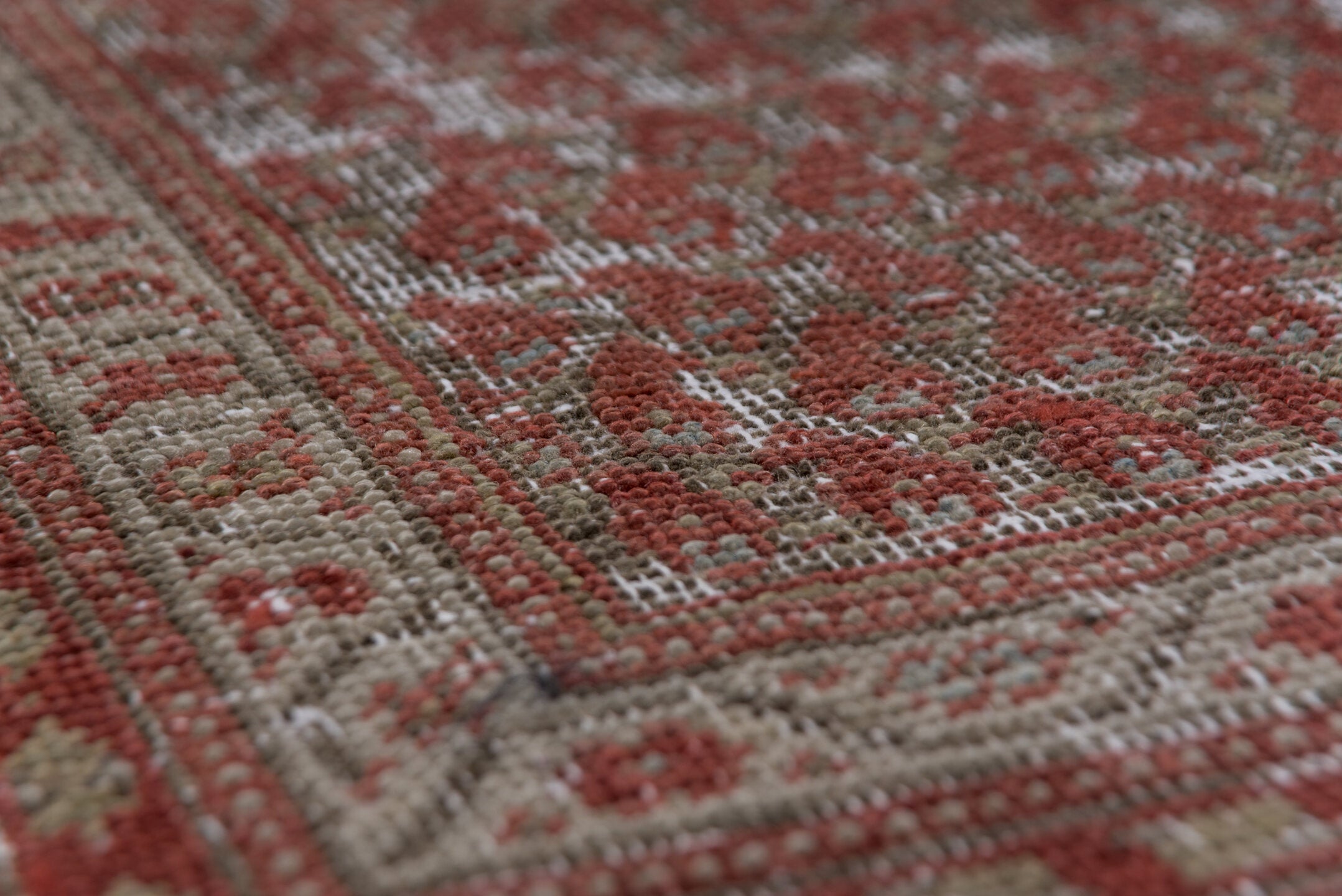 4' x 9' one-of-a-kind handmade vintage Malayer runner rug. Color palette: pink, gray, light gray, brown, off-white