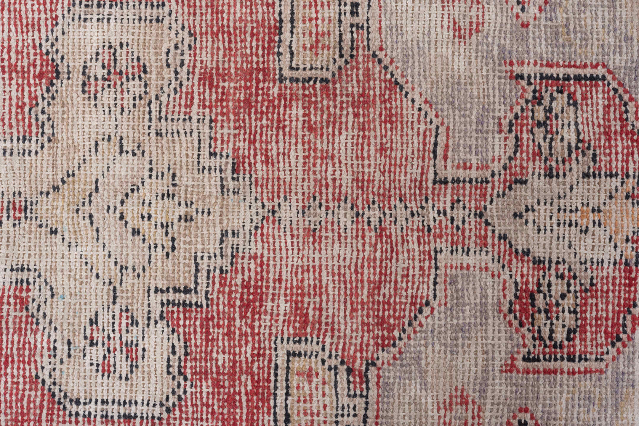 4' x 7' one-of-a-kind handmade vintage Oushak rug. Color palette: light gray, off-white, gray, pink, red, brown, black