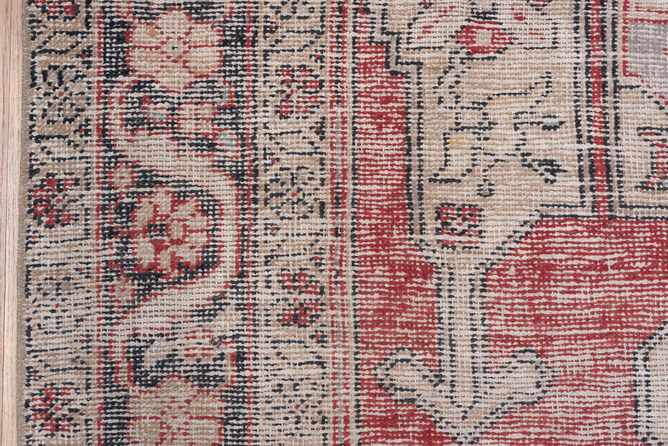 4' x 7' one-of-a-kind handmade vintage Oushak rug. Color palette: light gray, off-white, gray, pink, red, brown, black