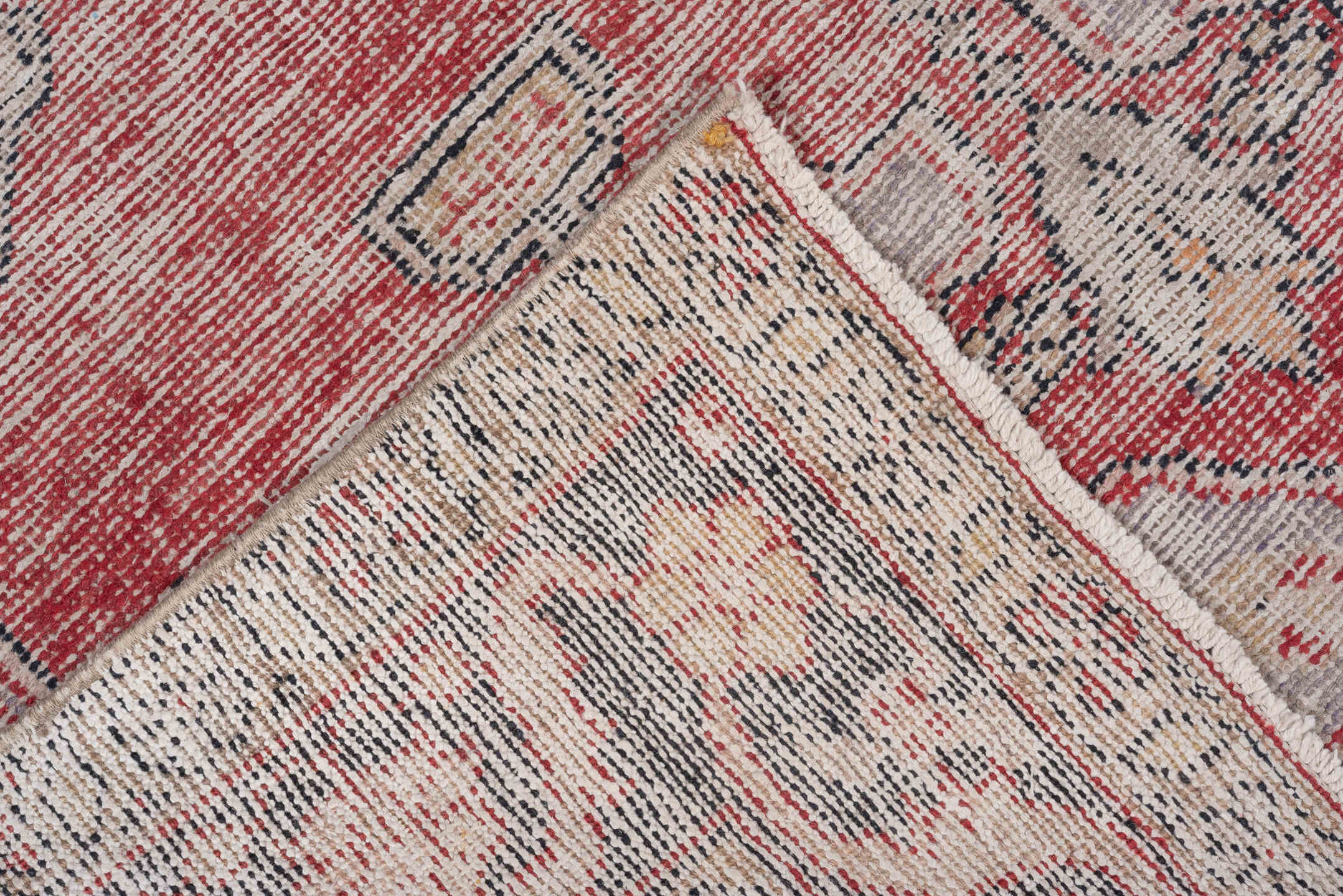4' x 7' one-of-a-kind handmade vintage Oushak rug. Color palette: light gray, off-white, gray, pink, red, brown, black