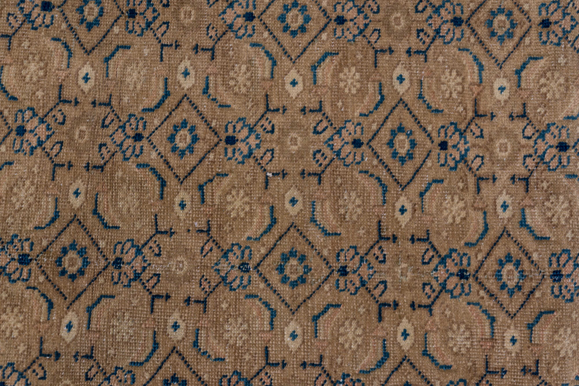 4' x 14' one-of-a-kind handmade vintage Mahal runner rug. Color palette: black, blue, gray, off-white, pink, snow, white