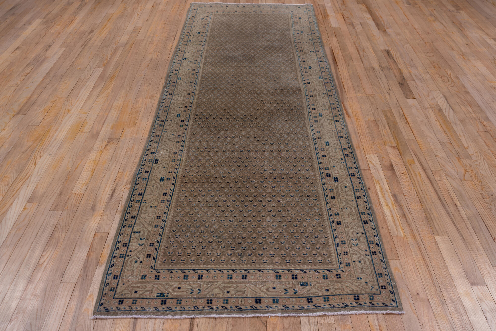 3' x 10' one-of-a-kind handmade vintage Mahal runner rug. Color palette: arapawa, black, blue, brown, dark gray, dim gray