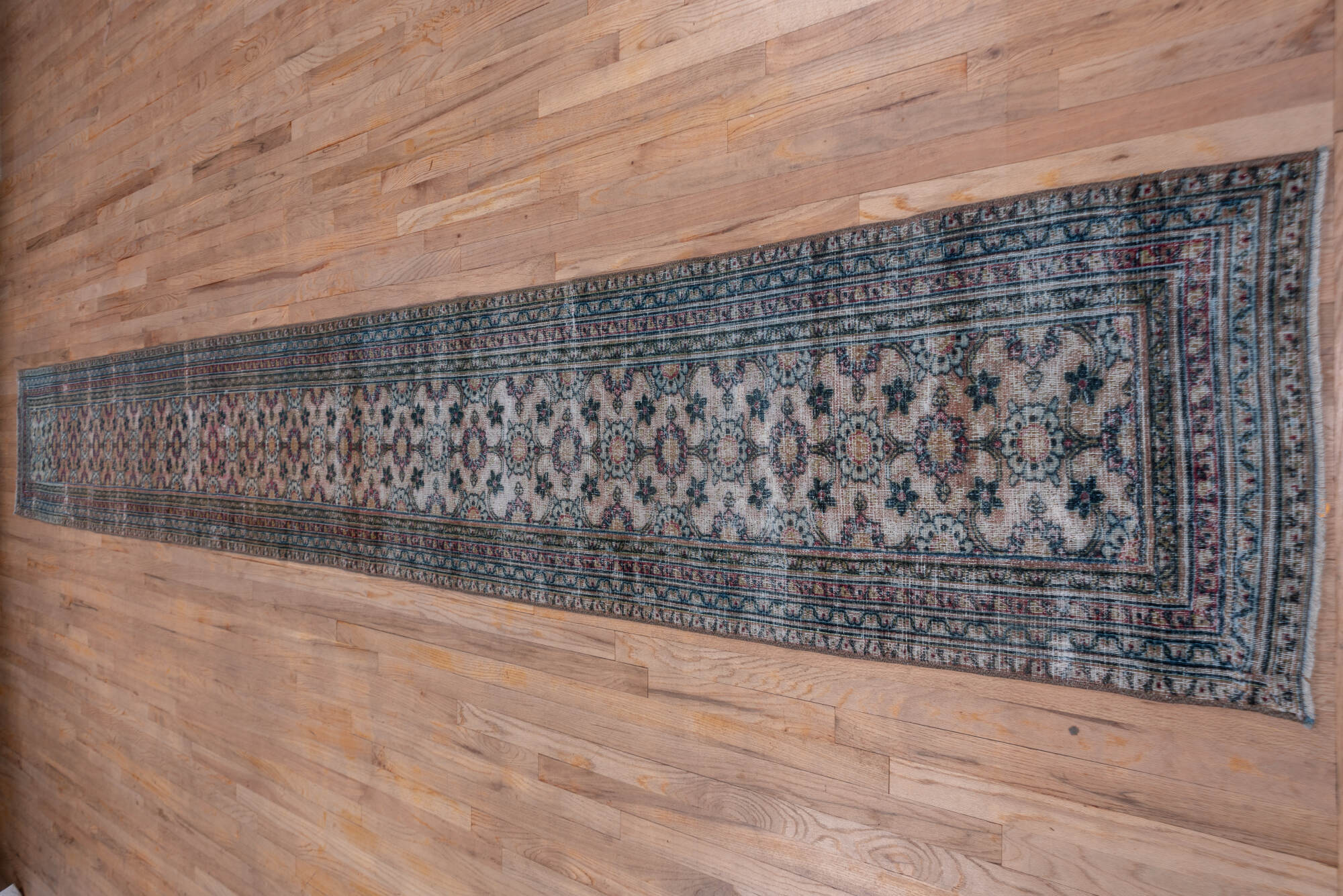 2' x 17' one-of-a-kind handmade vintage Khorassan runner rug. Color palette: black, blue, brown, charcoal, gray, off-white