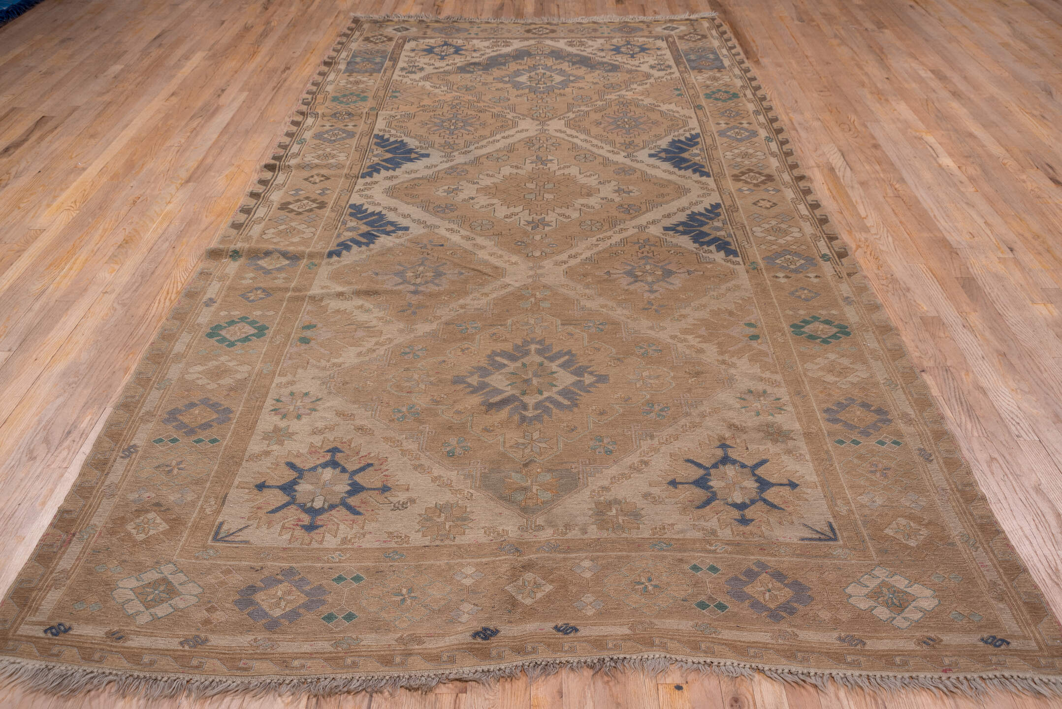 6' x 13' one-of-a-kind handmade vintage Sumak large size rug. Color palette: brown, pink, gray, blue, light gray, off-white