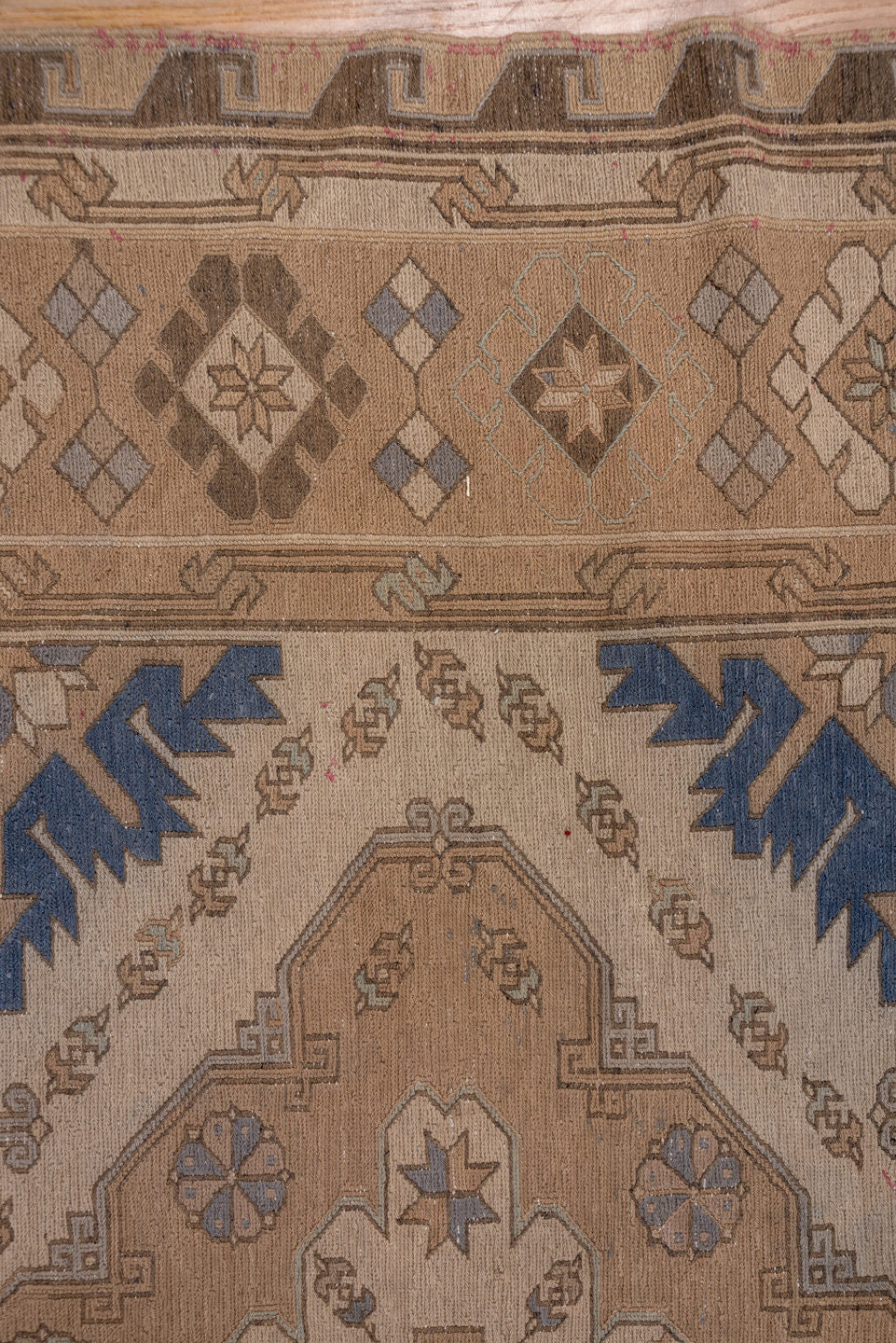 6' x 13' one-of-a-kind handmade vintage Sumak large size rug. Color palette: brown, pink, gray, blue, light gray, off-white