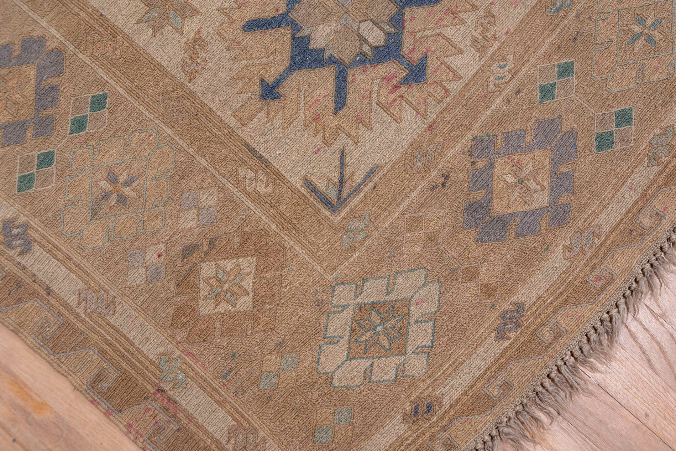 6' x 13' one-of-a-kind handmade vintage Sumak large size rug. Color palette: brown, pink, gray, blue, light gray, off-white