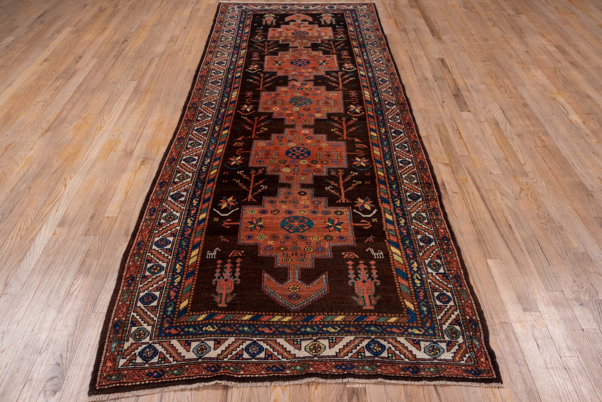 4' x 11' one-of-a-kind handmade vintage Malayer runner rug. Color palette: blue, brown, gray, light gray, pink, red
