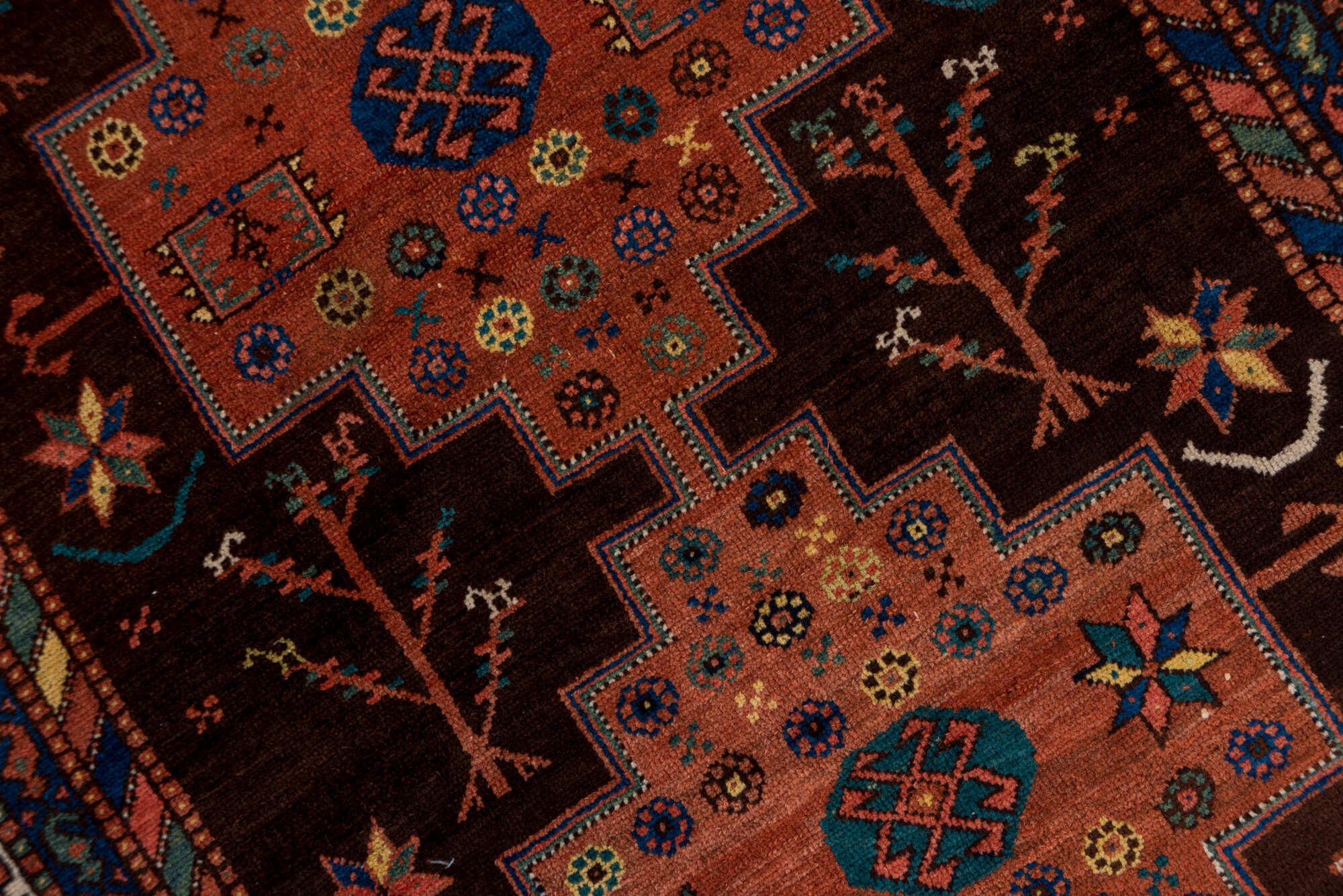 4' x 11' one-of-a-kind handmade vintage Malayer runner rug. Color palette: blue, brown, gray, light gray, pink, red