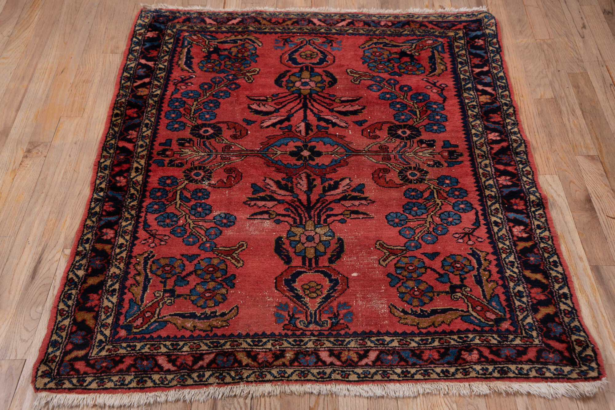 3' x 4' one-of-a-kind handmade vintage Lilian small size rug. Color palette: blue, brown, fiord, gray, pink, red, redwood