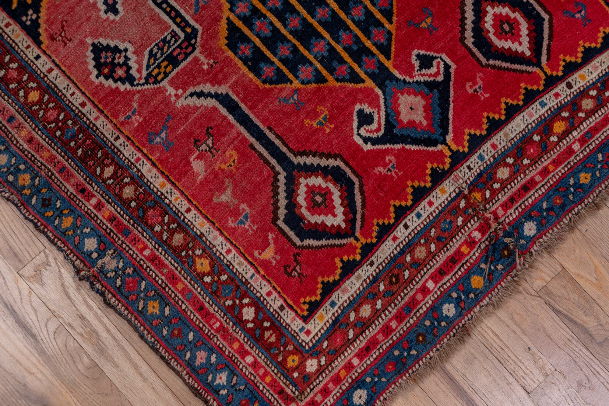 3' x 8' one-of-a-kind handmade vintage Karabagh runner rug. Color palette: black, blue, brown, burgundy, gray, pink, red
