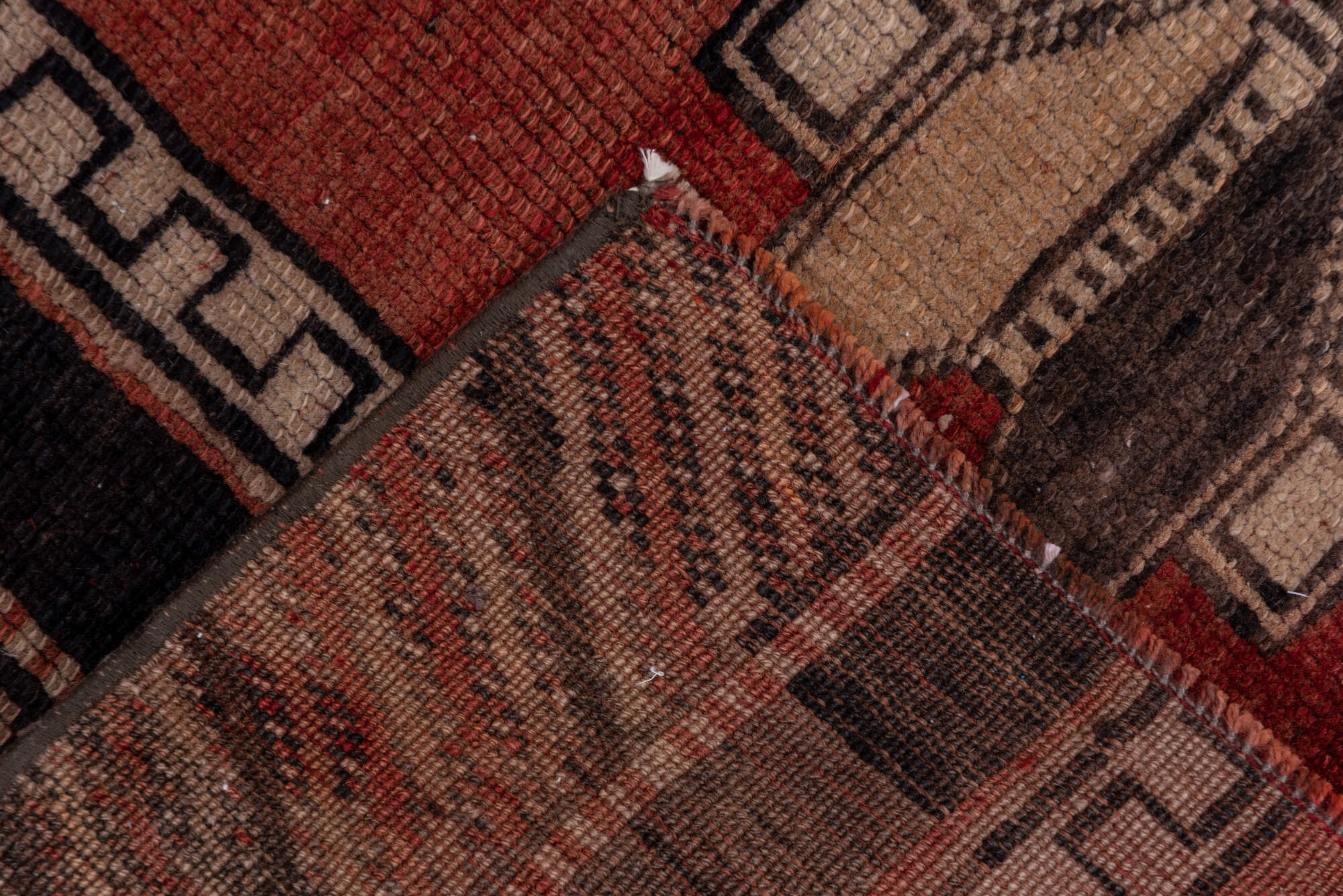 2' x 5' one-of-a-kind handmade vintage Oushak small size rug. Color palette: black, brown, gray, light gray, off-white, pink