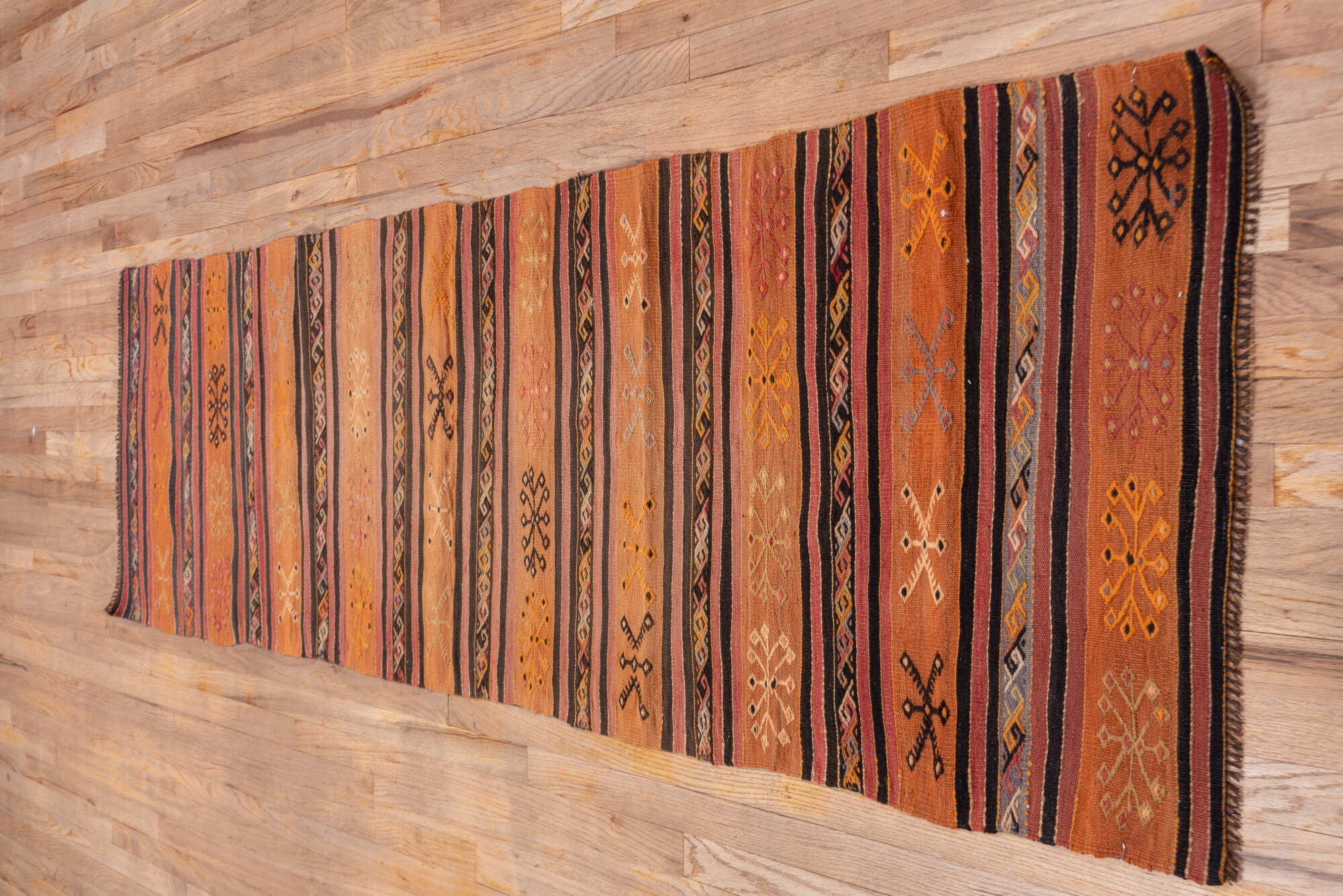 2' x 8' one-of-a-kind handmade vintage Kilim runner rug. Color palette: black, brown, gray, pink