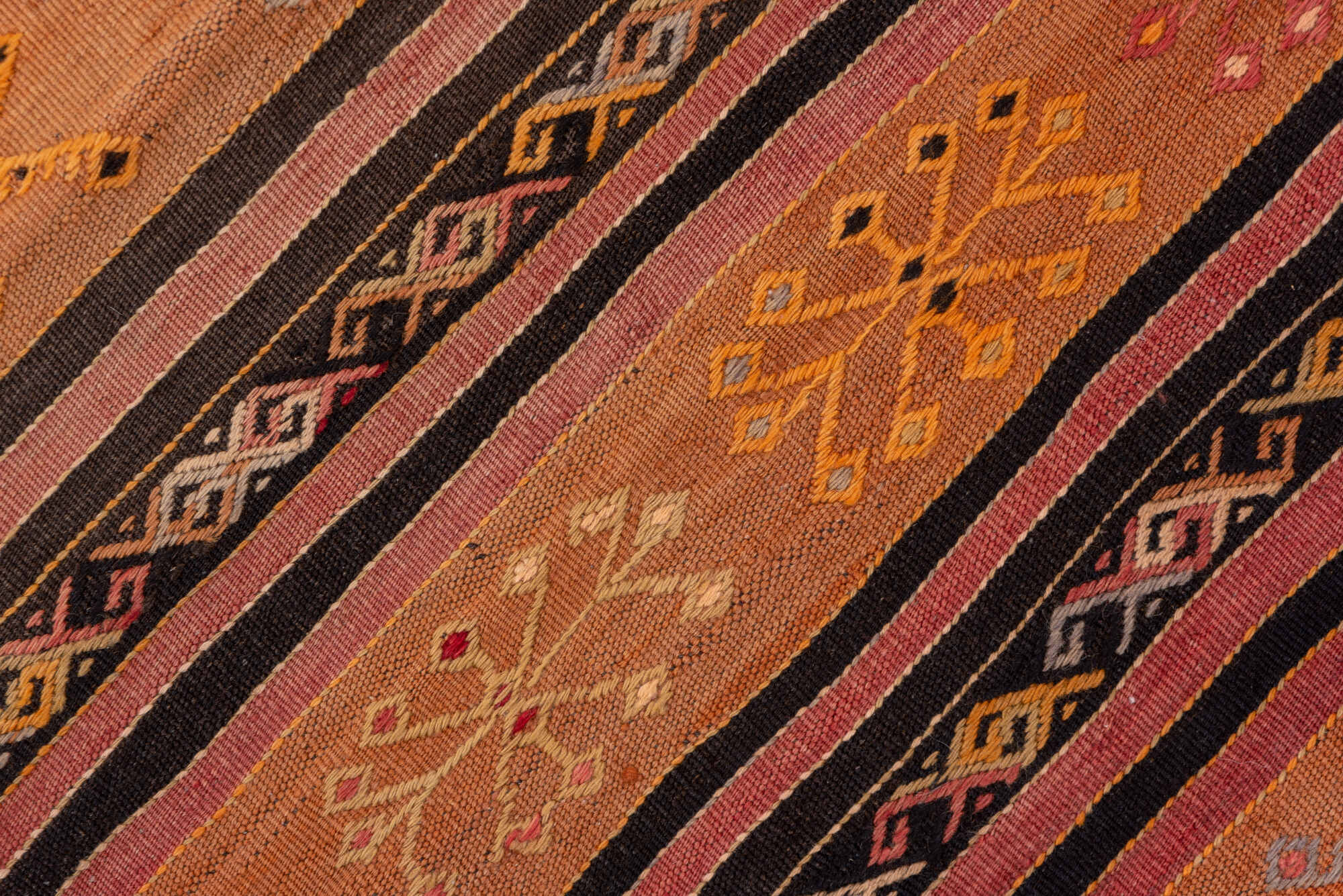 2' x 8' one-of-a-kind handmade vintage Kilim runner rug. Color palette: black, brown, gray, pink