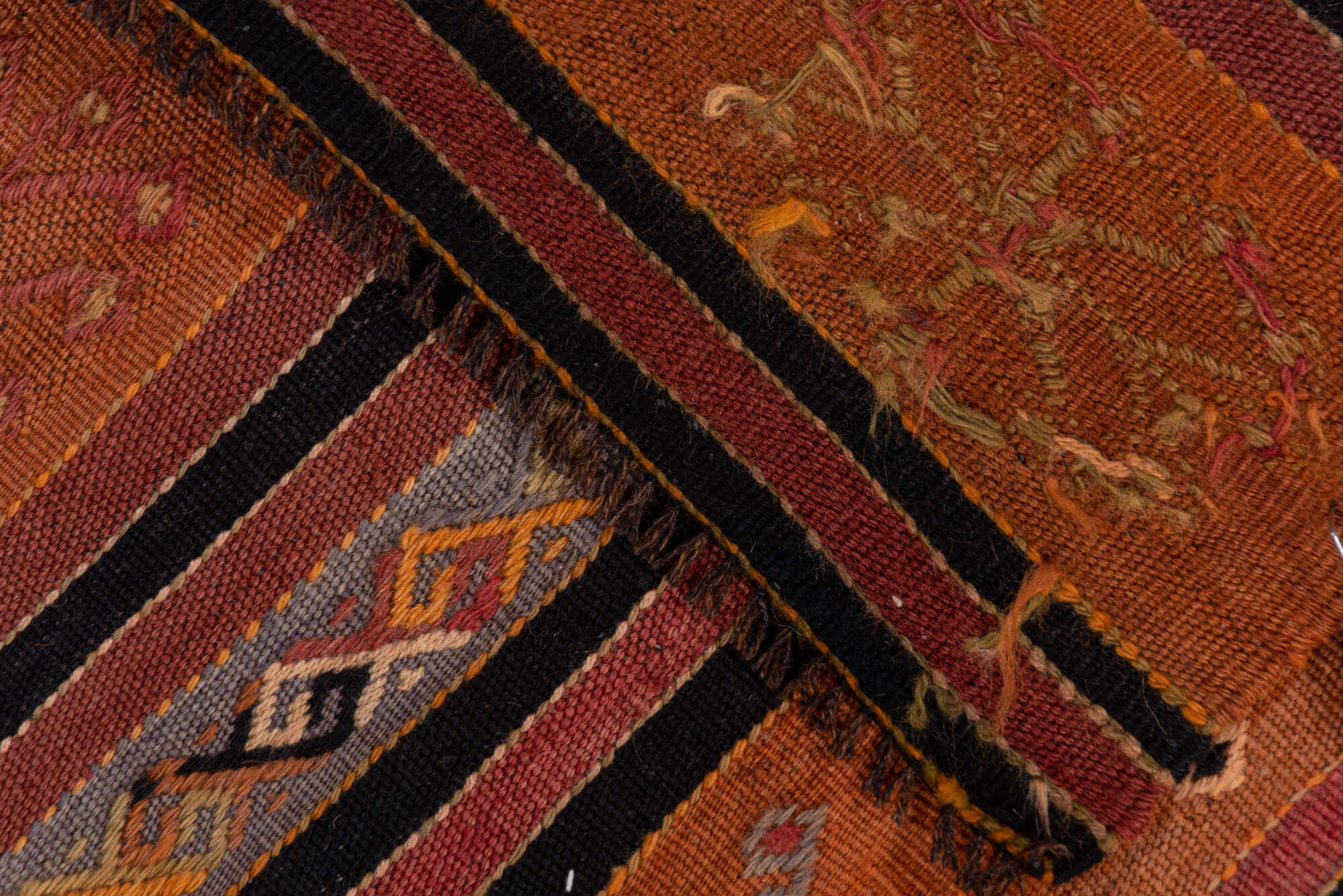 2' x 8' one-of-a-kind handmade vintage Kilim runner rug. Color palette: black, brown, gray, pink
